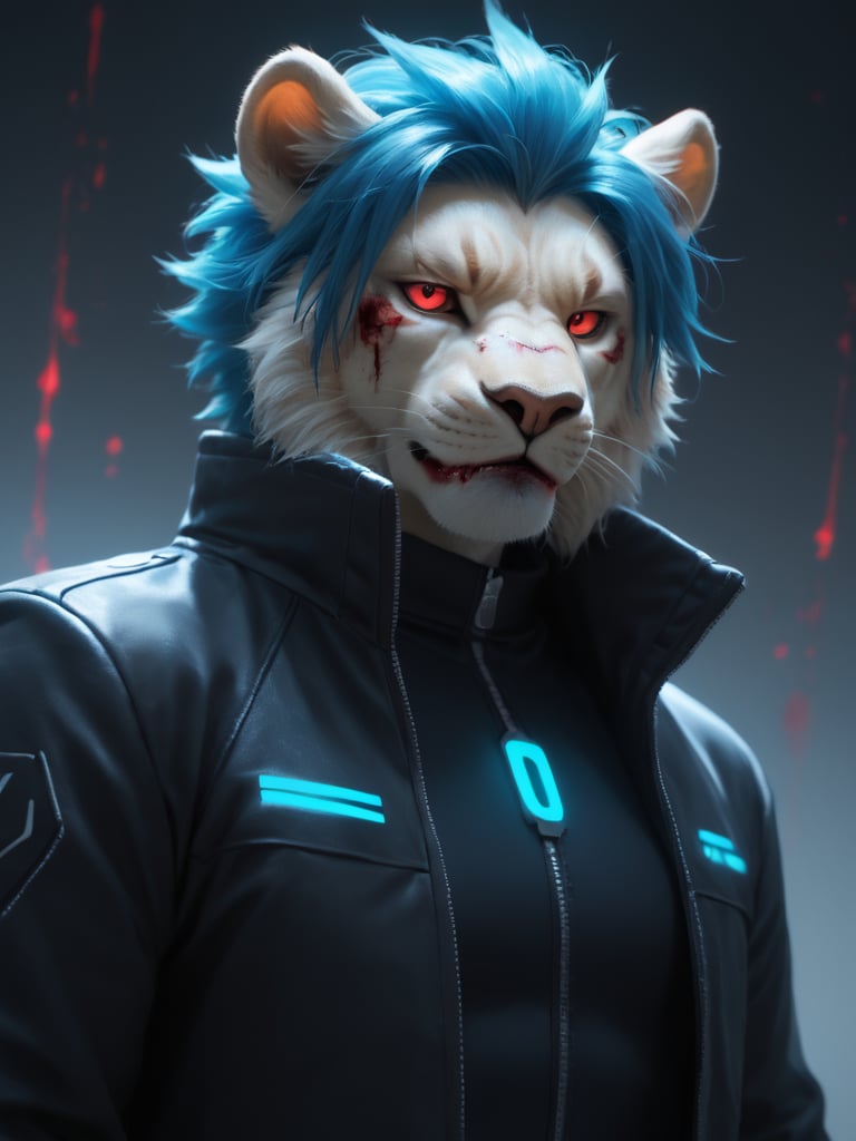 score_9, score_8_up, score_7_up, photorealistic, high quality, furry, kemono, male, lion, white body, blue hair, short hairstyle, red eye glowing, black neon tech suit, white jacket, nice angle, futuristic background, look at viewer, medium hairstyle, bloody injured, bloody liquid, serious expression