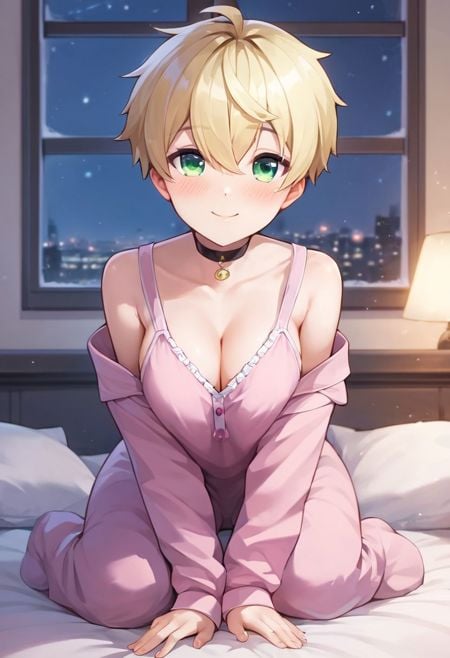 score_9, score_8_up, score_7_up, score_6_up, score_5_up, score_4_up, 1girl, solo, 18year old, soft, smooth, black choker, pixie hair, blonde hair, focus on hair, cute face, green eyes, huge chest, in bedroom, on bed, sitting on the bed, body view, pink pajama, night, low light, sexy pajama,