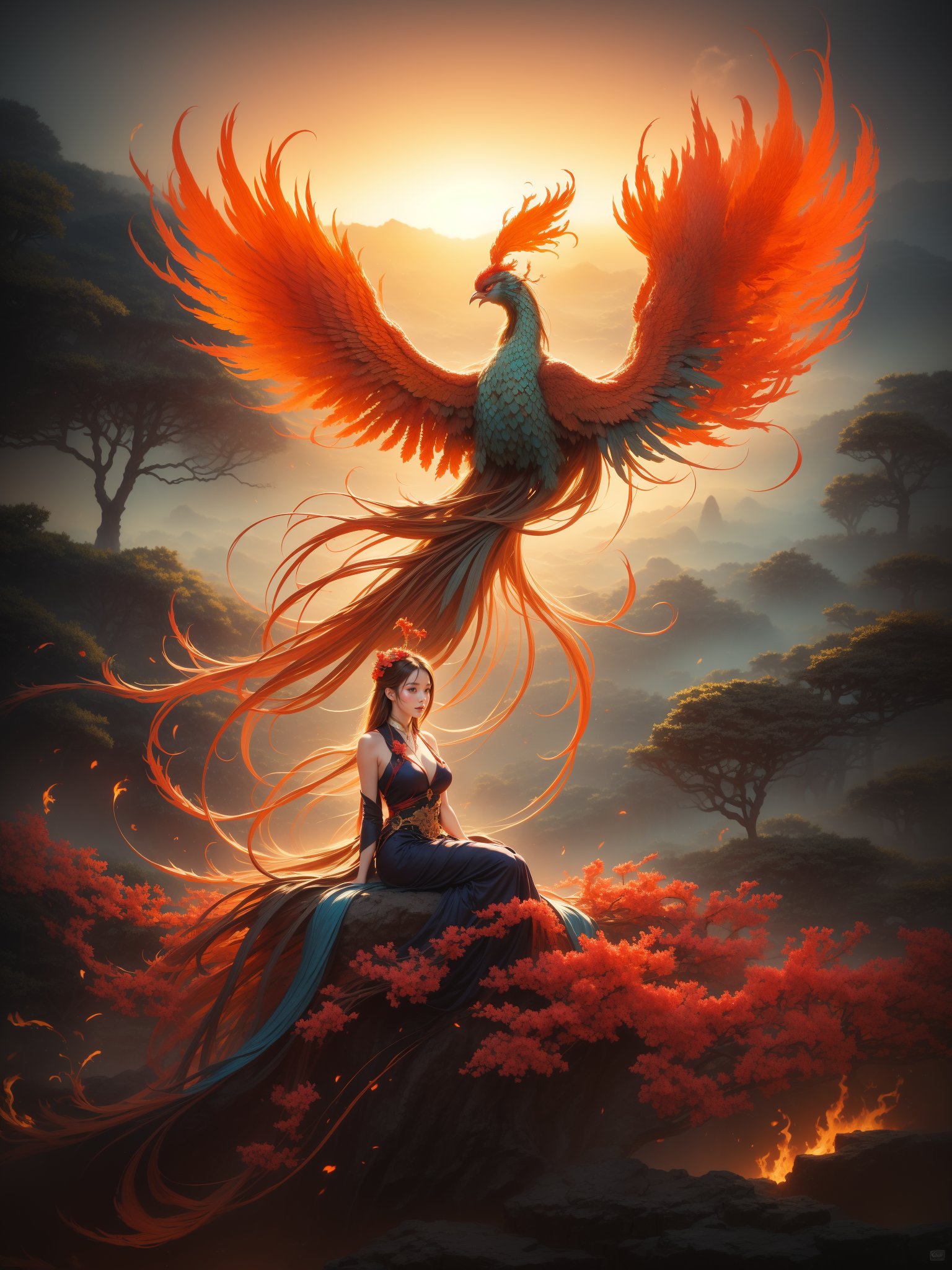 1 girl behind the phoenix, Woman focus, fire, dress, bird, breasts, Long hair, Hanfu, sitting,Colorful_phoenix, Colorful2, bird, outdoors, flower, branch, beak<lora:kim_phoenix6:1>