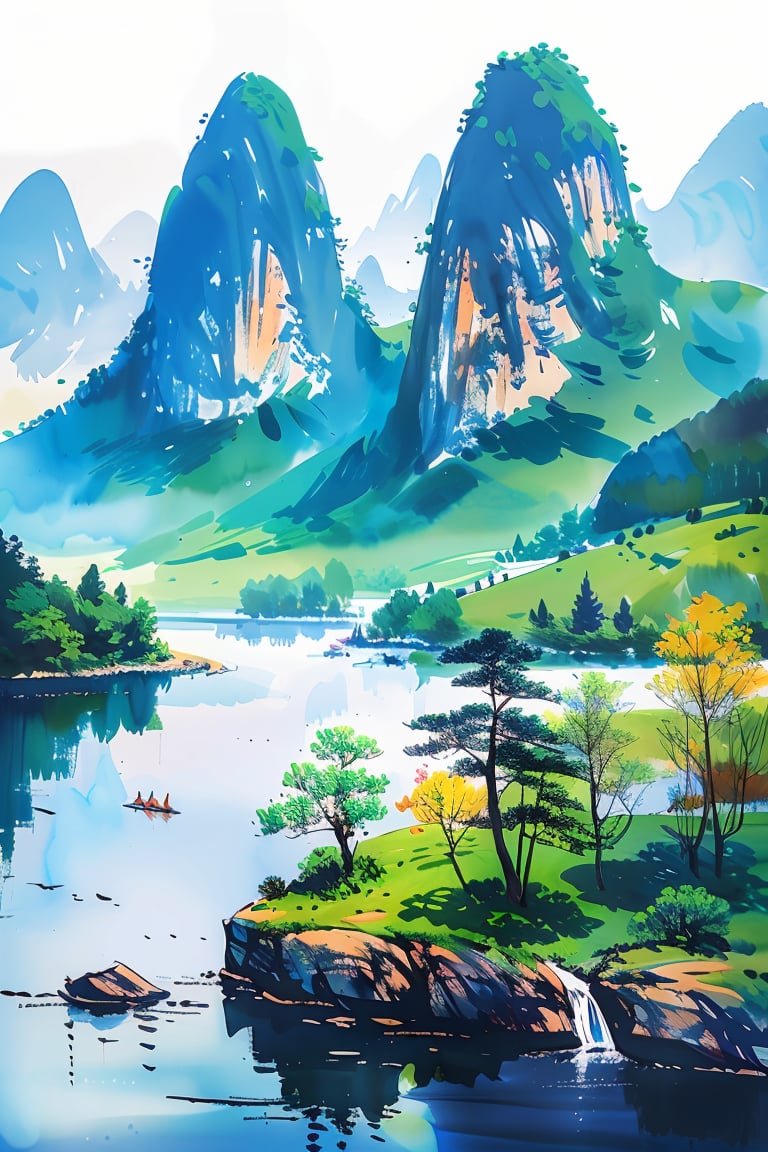 masterpiece,best quality,colorful inkpainting,tree,water,mountain,Guilin Scenery with Hills and Waters,<lora:colorful-inkpainting-000016:0.8>,