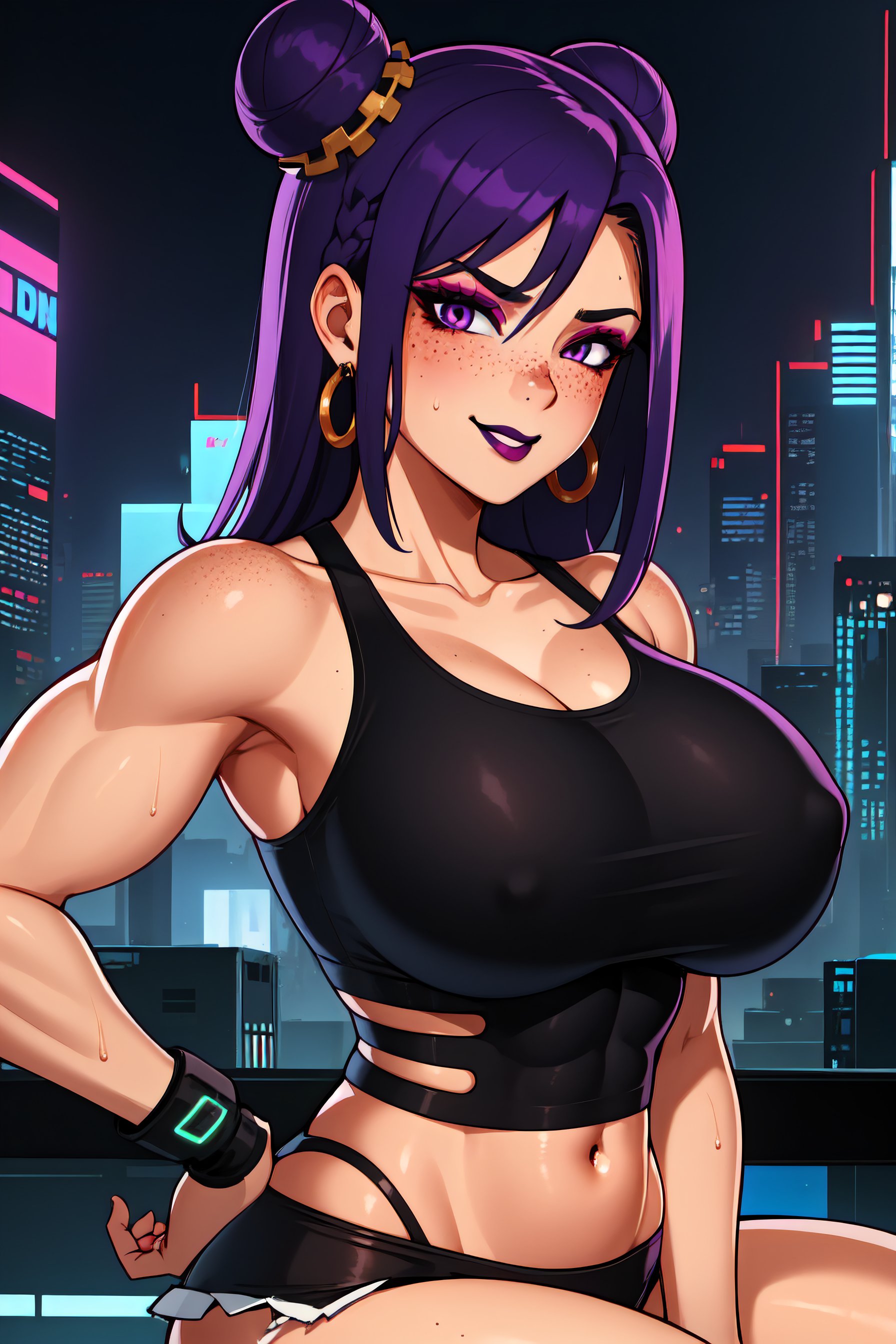 (masterpiece, best quality:1.2), extremely detailed, detailed hair, intricate details, finely detailed, [[soft lighting, volumetric lighting]], 1girl, (solo), looking at viewer, mature female, upper body , ( hand on hip , sitting , ), muscular, muscular female, navel , thick thighs, huge breasts, (layered crop-top, ), , (single hair intake, , doughnut hair bun , purple hair), smirk , sweat, freckles,blush , linear earrings , lipstick, makeup, (black lips), eyeshadow, (A futuristic, neon-lit cyberpunk cityscape with towering skyscrapers ), <lora:shadV6.1LOL:1>