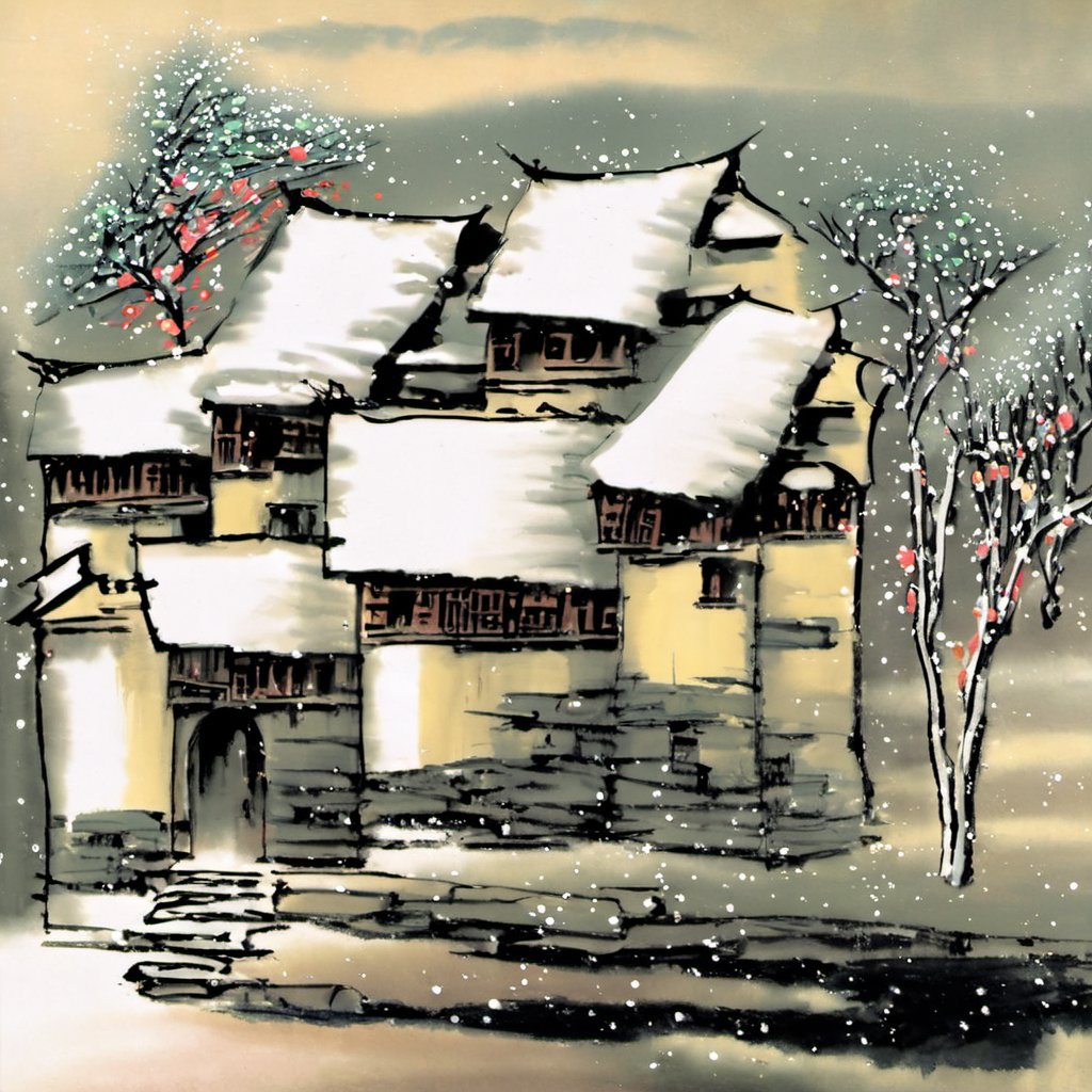 guohua, no humans, tree, snow, building, outdoors, house, scenery, winter, traditional media,<lora:江南水乡_写意山水画_V1.0XL:1>, masterpiece, best quality,