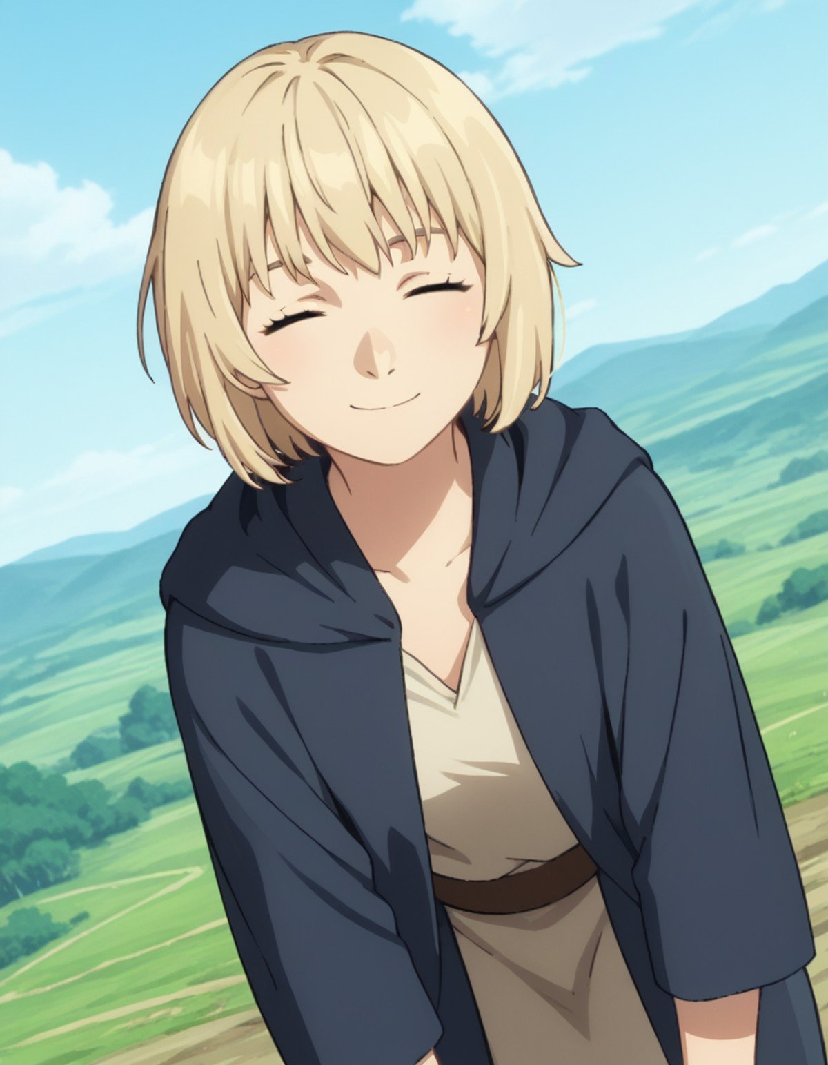 score_9, score_8_up, score_7_up, source_anime,falintouden, <lora:falin-touden-s1-ponyxl-lora-nochekaiser:1>,falin touden, short hair, blonde hair, closed eyes,robe, long sleeves, open clothes,outdoors, landscape, bent over, smile,looking at viewer, solo, cowboy shot, dutch angle,