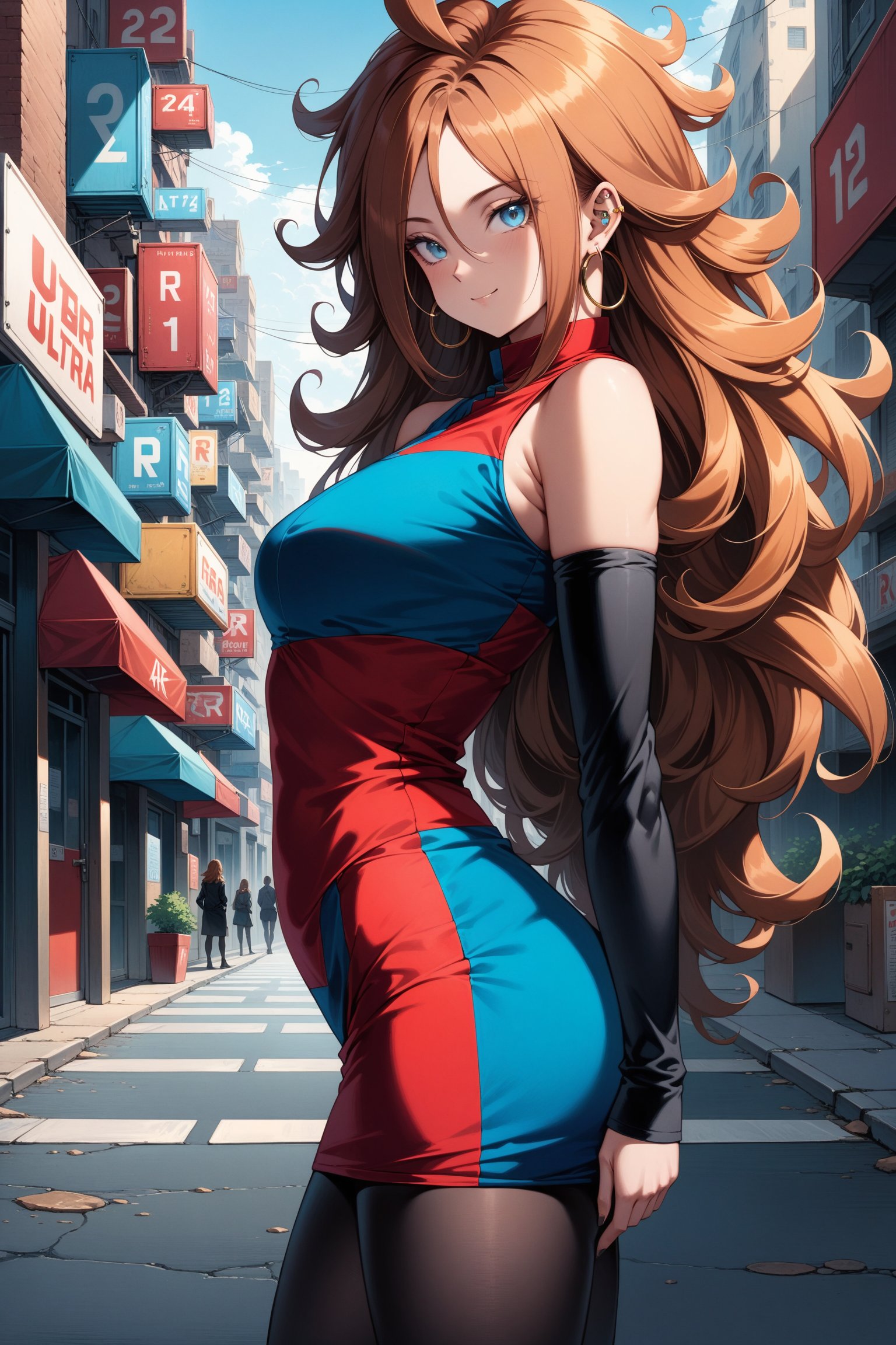 (masterpiece, best quality, very aesthetic, ultra detailed), intricate details, aaandro, brown hair, long hair, curly hair, blue eyes, hoop earrings, two-tone dress, checkered dress, sleeveless, bare shoulders, detached sleeves, black pantyhose, <lora:android_21_XL_v1:0.9>, street, standing, smile, from side