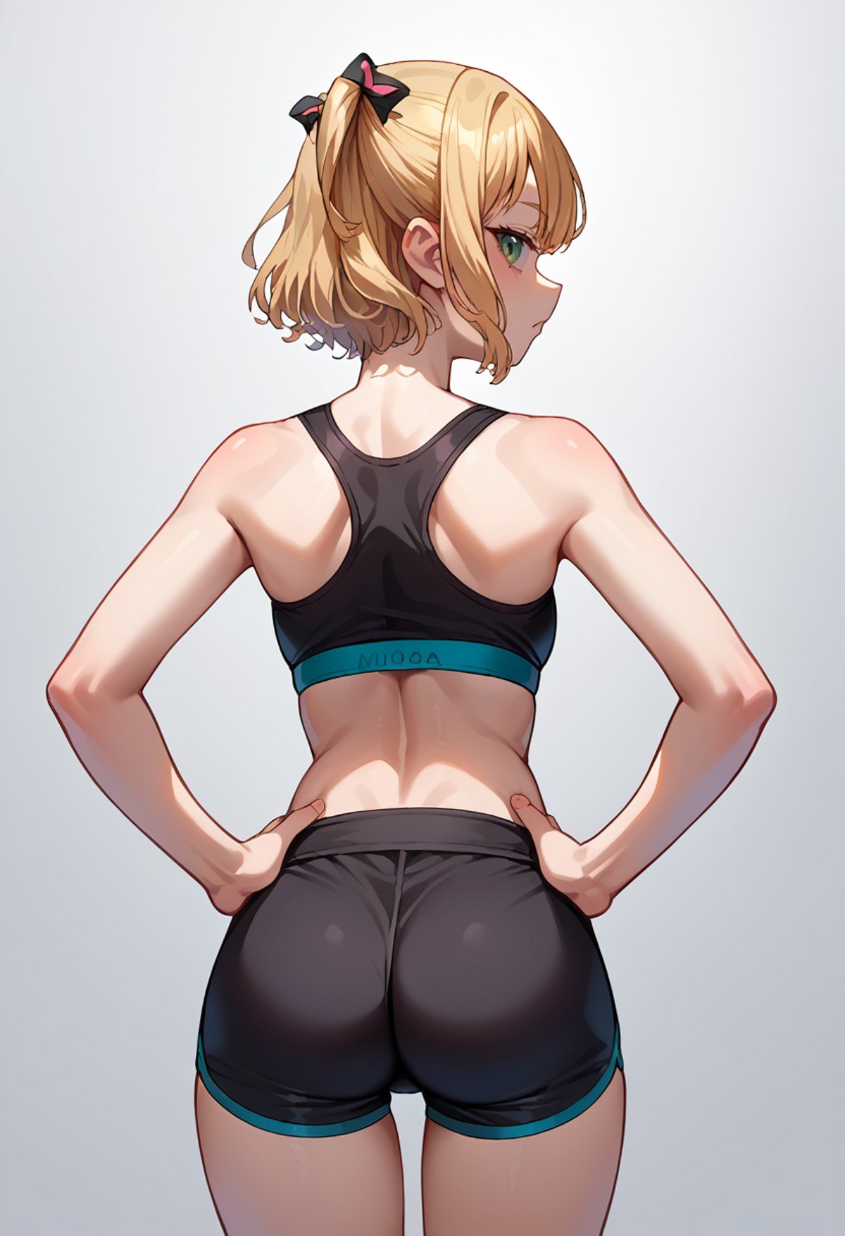 score_9, score_8_up, source_anime, 1girl, solo, KurumiNoah, short hair, two side up, hair ribbons, from behind, looking back, hands on hips, sports bra, black shorts, ass, <lora:ChamKurumiNoahPonyXL:1>