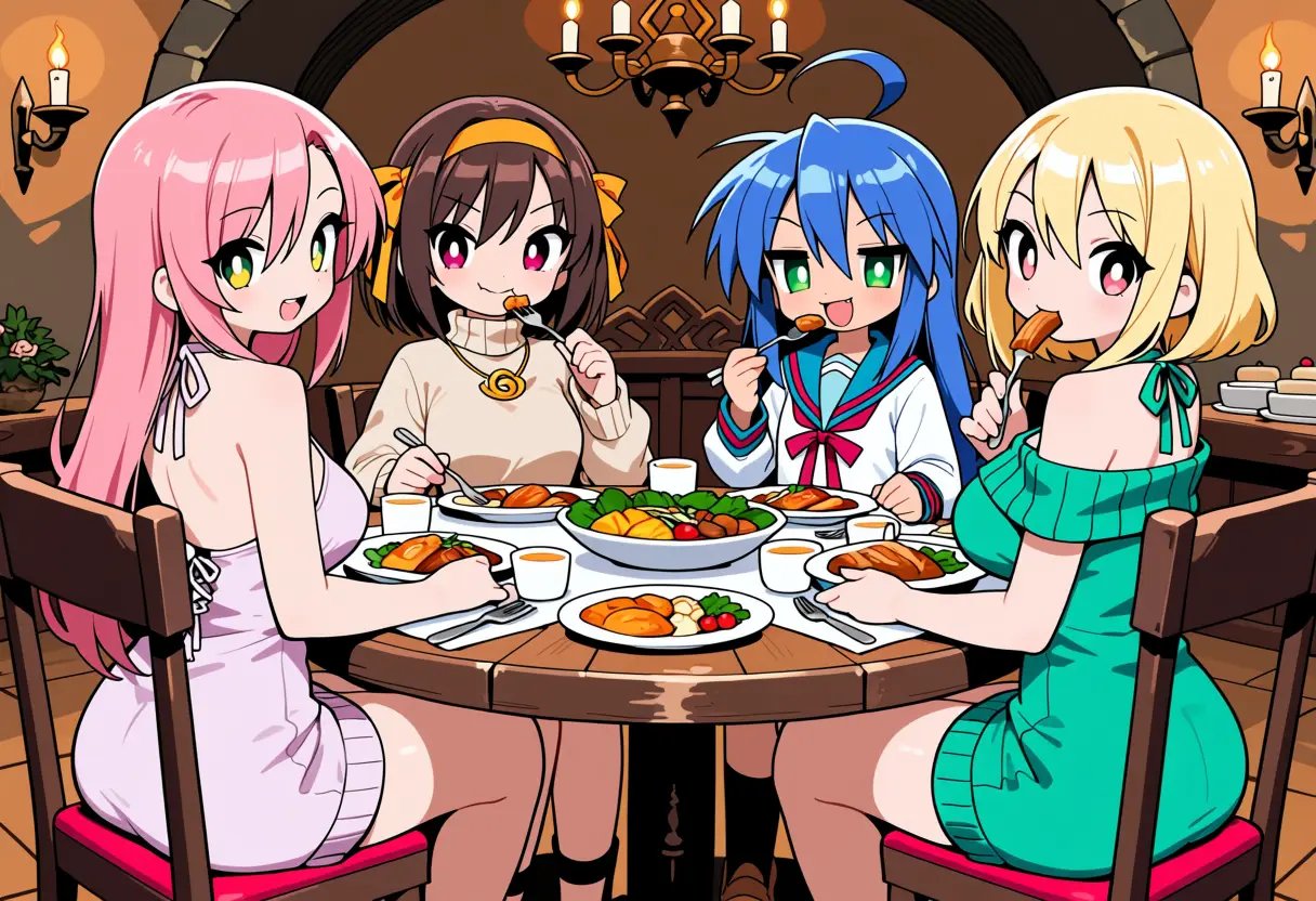 4 girls sitting at a dinning table in a medieval castle,  katsura hinagiku wearing a light pink halter dress,  suzumiya ha...