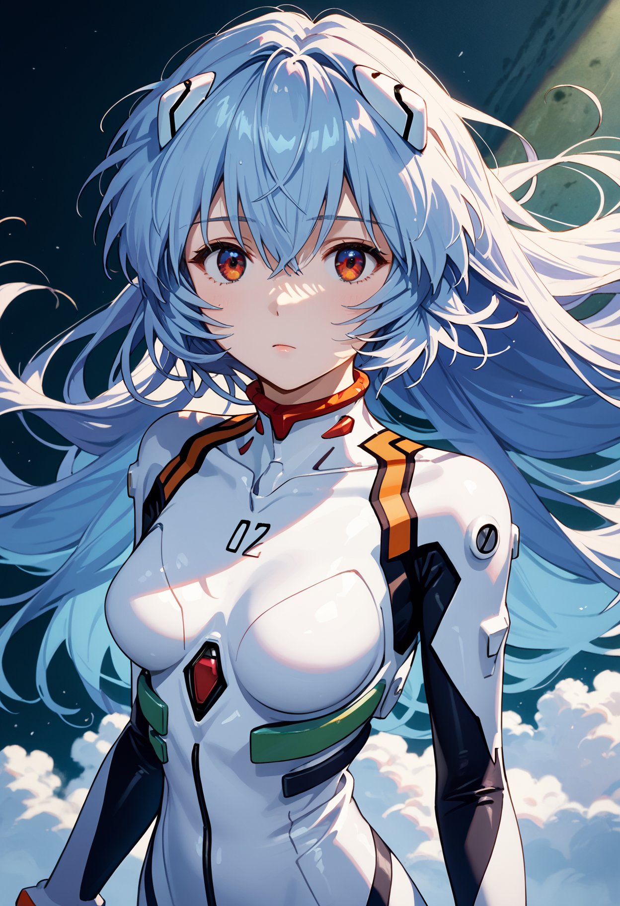 score_9,score_8_up,score_7_up,masterpiece,best quality,8k,dramatic lighting,cold colors,1girl,ayanami rei,neon genesis evangelion,rebuild of evangelion,plugsuit,pilot suit,white bodysuit,looking at viewer,head tilted,light blue long hair,hair blowing in the wind,(intricate details),(dynamic angle),fluffy hair,air bangs,