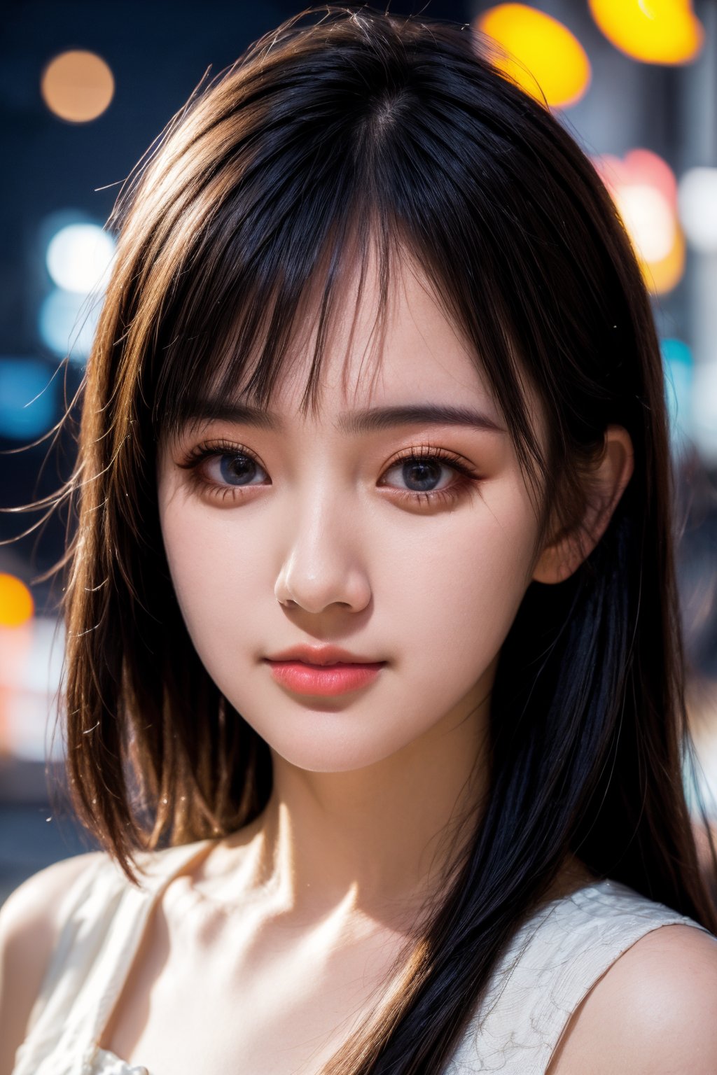 instagram photo, closeup face photo of 18 y.o  woman in dress, beautiful face, makeup, night city street, bokeh,