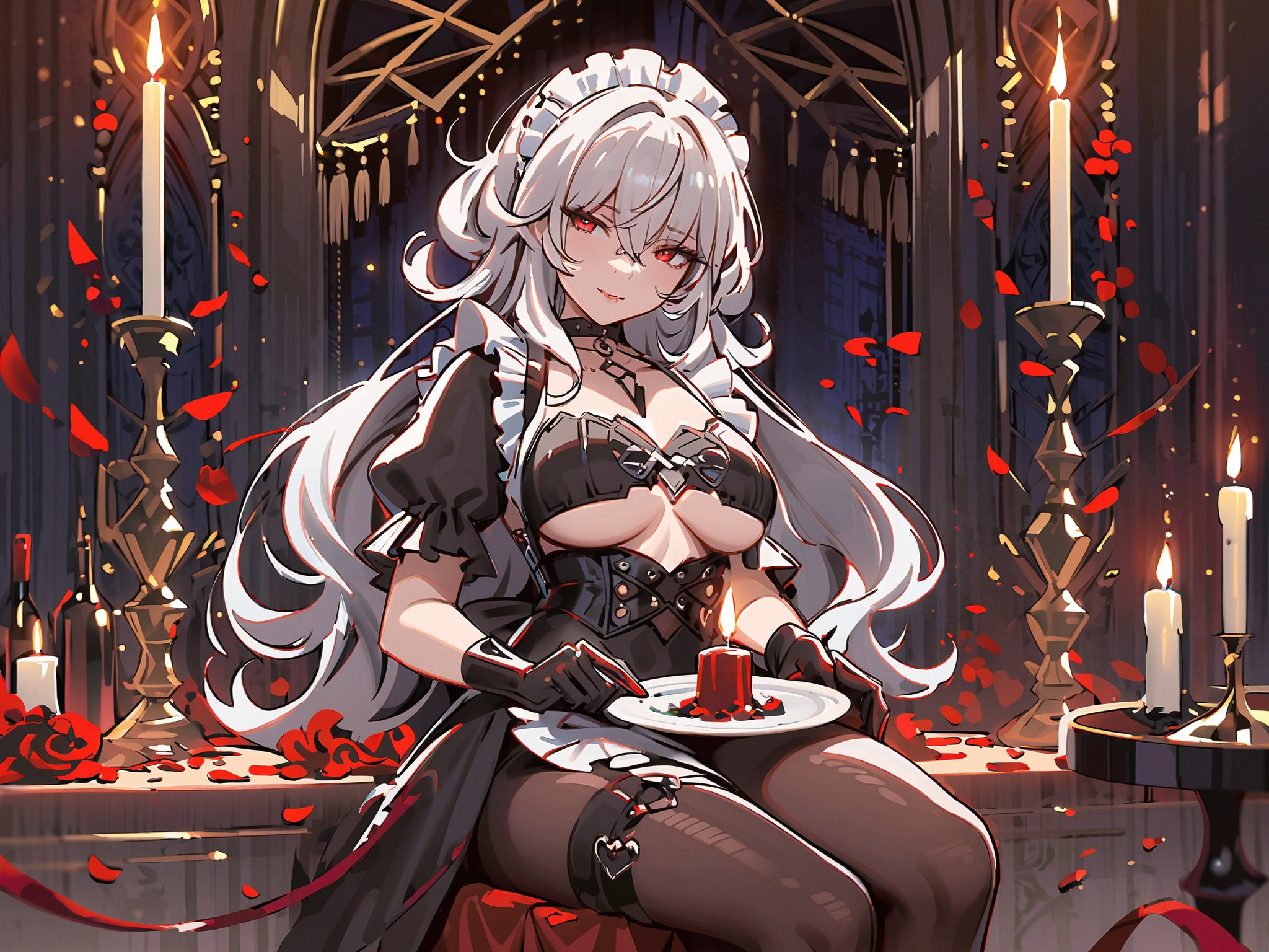 line art,line style,indoors,hotel,candle,wine bottle,wine glass,wine,petals,1girl,solo,milf,red eyes,white hair,long hair,curly hair,hair between eyes,large breasts,underboob,maid,lace-trim,gothic,black pantyhose,choker,gloves,cowboy shot,sitting,seductive smile,half-closed eyes,looking at viewer,licking lips,saliva,holding plate,masterpiece,bestquality,onnk,