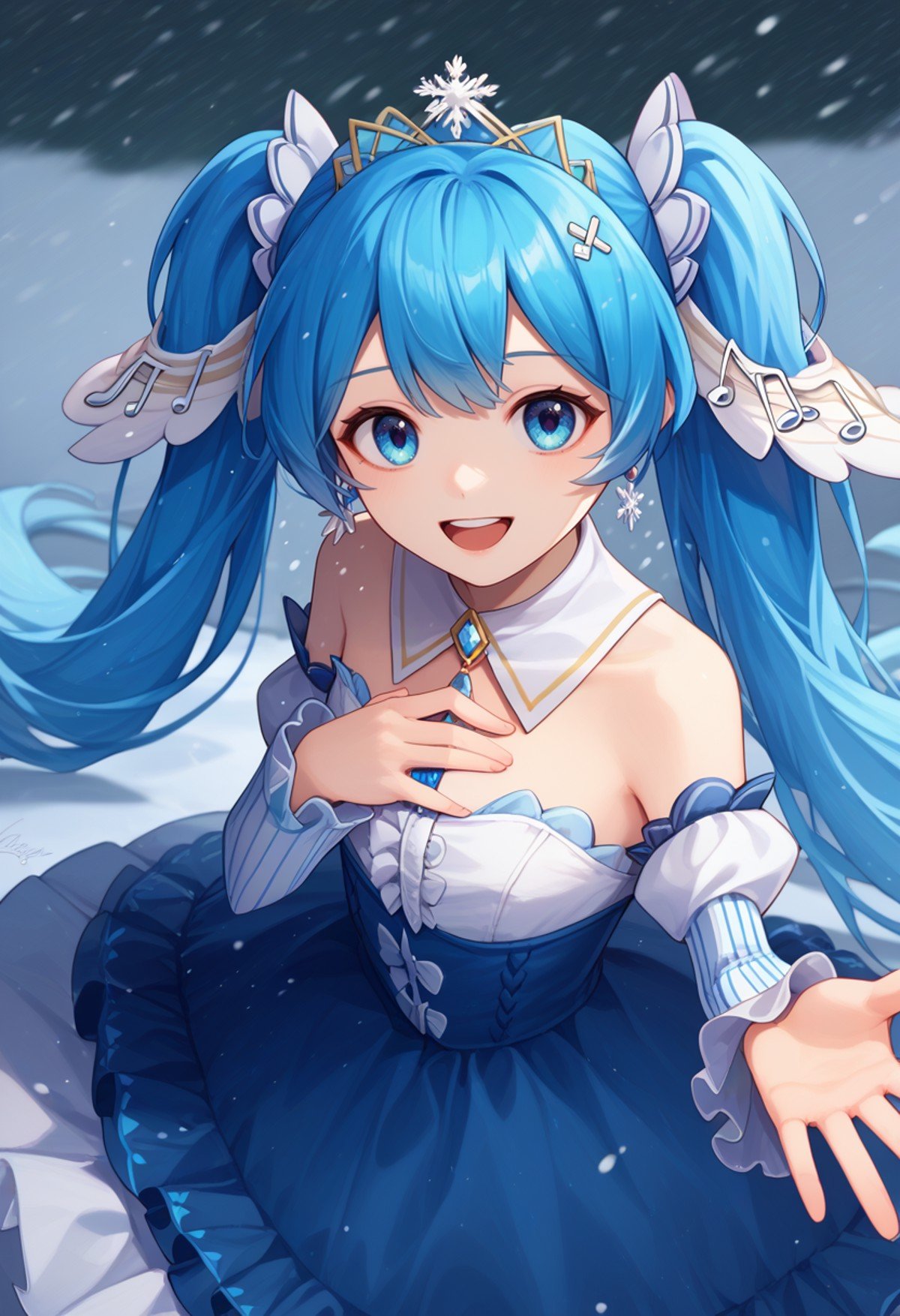 score_9, score_8_up, score_7_up, solo, 1girl, yukimiku2019, happy, looking at viewer, upper teeth, hand on own chest, outstretched arm, blue hair, twintails, musical note hair ornament, snowflake hair ornament, tiara, blue dress, strapless dress, frilled dress, detached collar, long sleeves, white sleeves, detached sleeves, juliet sleeves, striped sleeves, earrings, bare shoulders, snowing, outdoors <lora:vocaloid_yukimiku2019_ponyXL-000008:1>