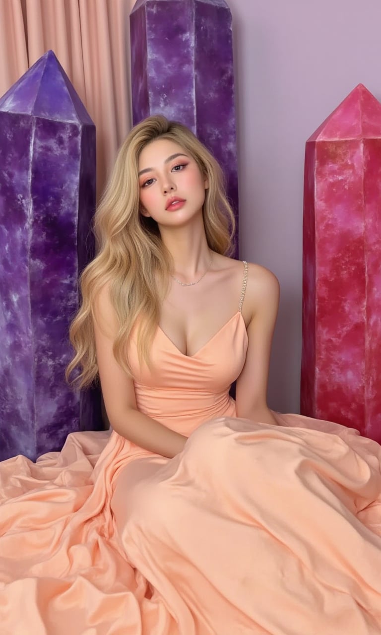 "The image features a young woman elegantly dressed in a peach-colored dress, surrounded by large, vividly colored crystals which vary in shades of purple and pink. She is seen sitting with a serene expression, her eyes gently closed, suggesting a moment of peaceful contemplation or reverie. Her long, flowing blonde hair and the soft, ruffled texture of her dress add a touch of grace and tenderness to the scene. The juxtaposition of the soft fabric against the sharp, natural geometry of the crystals creates a compelling contrast, emphasizing themes of beauty and tranquility amidst a fantastical setting. The overall ambiance is dreamlike and ethereal, with a predominant color palette of soft peach and various shades of purple and pink." <lora:网图-MYH-2:0.9>