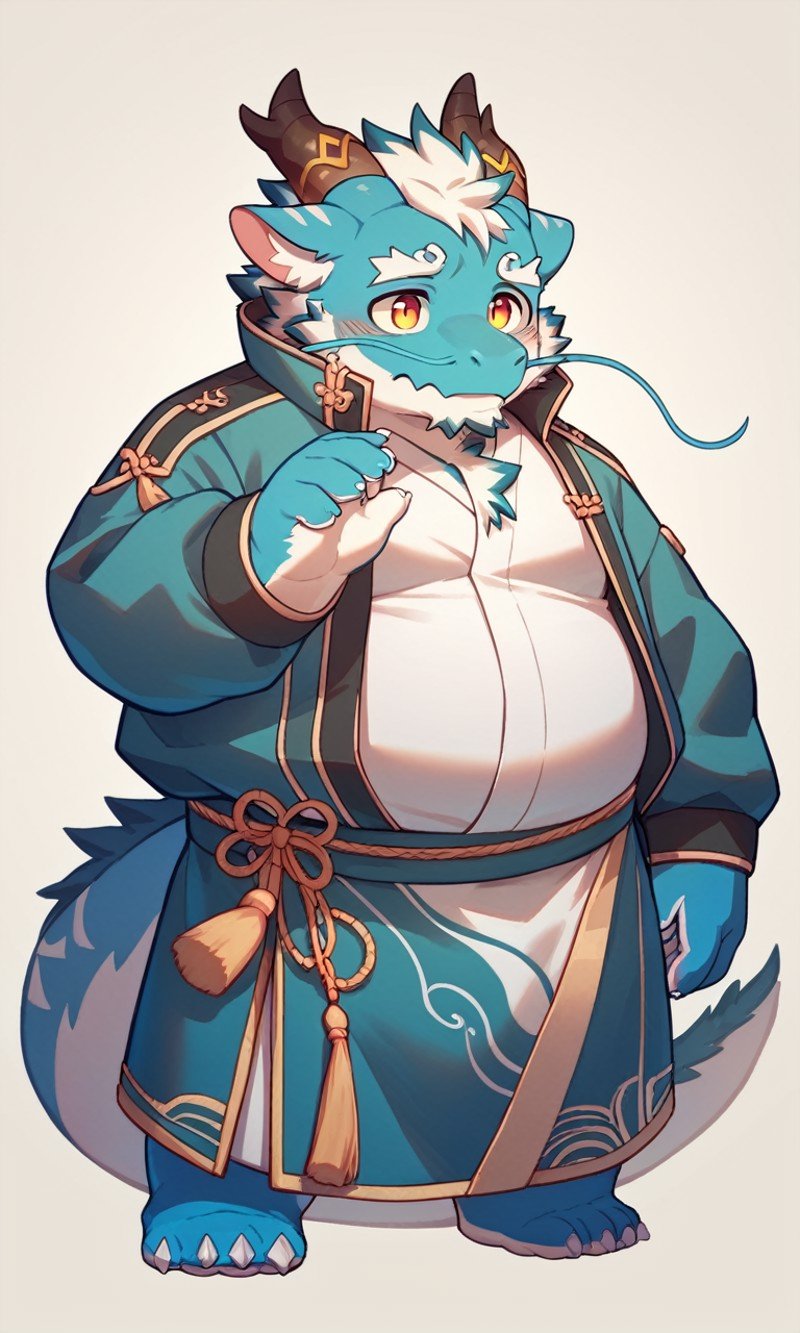 score_9,score_8 up,score_7 up,score_6 up,score_furry,hi res,qinglong,chibi,cute,anthro,dragon,flesh whiskers,japanese clothing topwear,male,solo,horn,full body,overweight,blue body,bottomwear,overweight male,fur,clothed,kemono,blue fur,white body,<lora:Meng_zhang_XL_Pony-000010:0.8>,