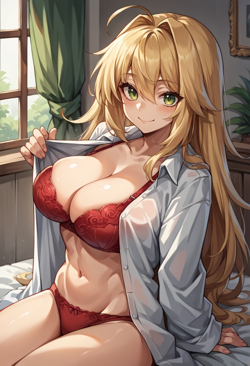 score_9, score_8_up, score_7_up, source_anime,  <lora:NeroClaudiuspdxl:0.8>, mlnerornd, ahoge, blonde hair, green eyes, hair intakes, red bra, red panties, large breasts, long hair, smile, 