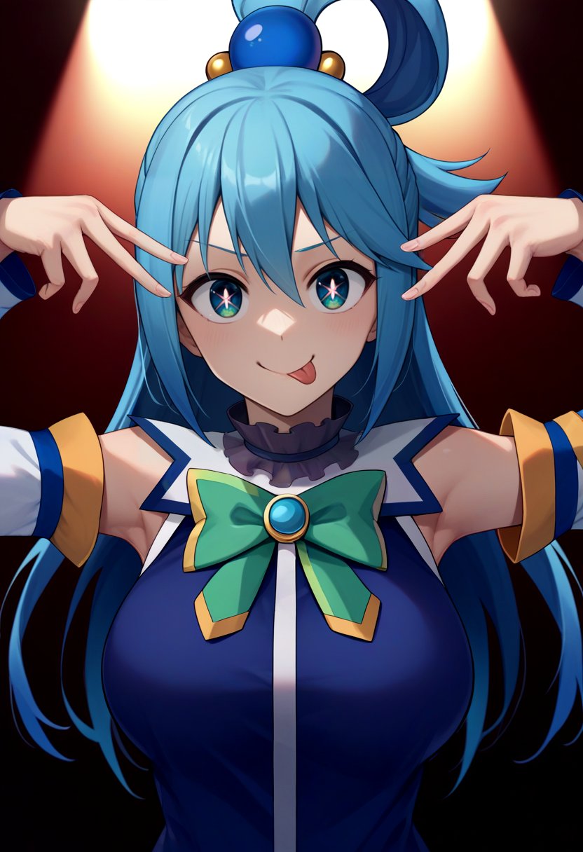 score_9, score_8_up, score_7_up, source_anime, 1girl, aqua \(konosuba\), kono subarashii sekai ni shukufuku wo!, smile, looking at viewer, aihoshinopose, double v, tongue out, blue hair, hair rings, blue eyes, sleeveless shirt, bow, detached sleeves, large breasts, stage, spotlight <lora:pose_aihoshinopose_ponyXL:1>