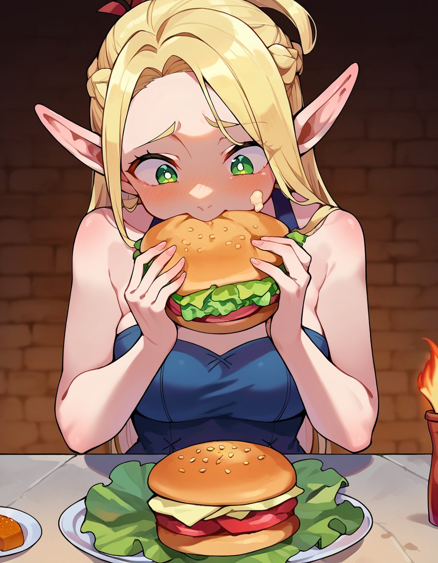 score_9, score_8_up, score_7_up, score_6_up, source anime, BREAK<lora:dungeon_meshi_marcille:1> ellicrampnxl, marcille donato, 1girl, pointy ears, elf, dungeon,burger, holding food, holding, eating, blush, food on face,  :t, stomach, lettuce, bare shoulders,