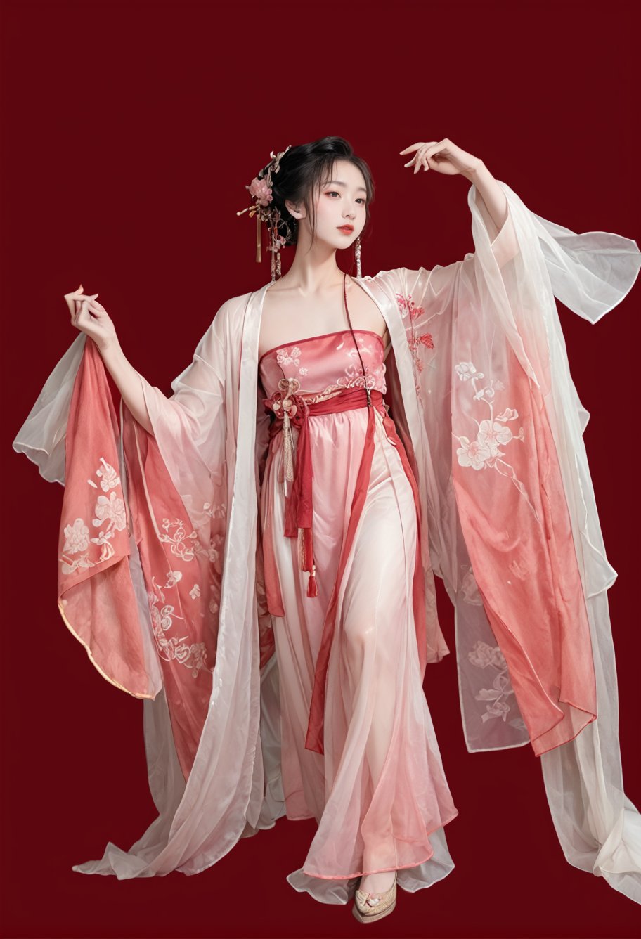 red background,1girl,solo,chinese clothes,,ruanyi0758,hanfu,pink dress,see-through,shawl,wide sleeves,jewelry,<lora:0758 Peach Blossom Hanfu_v1_pony:1>, score_9,score_8_up,score_7_up,,8k,1girl,solo,