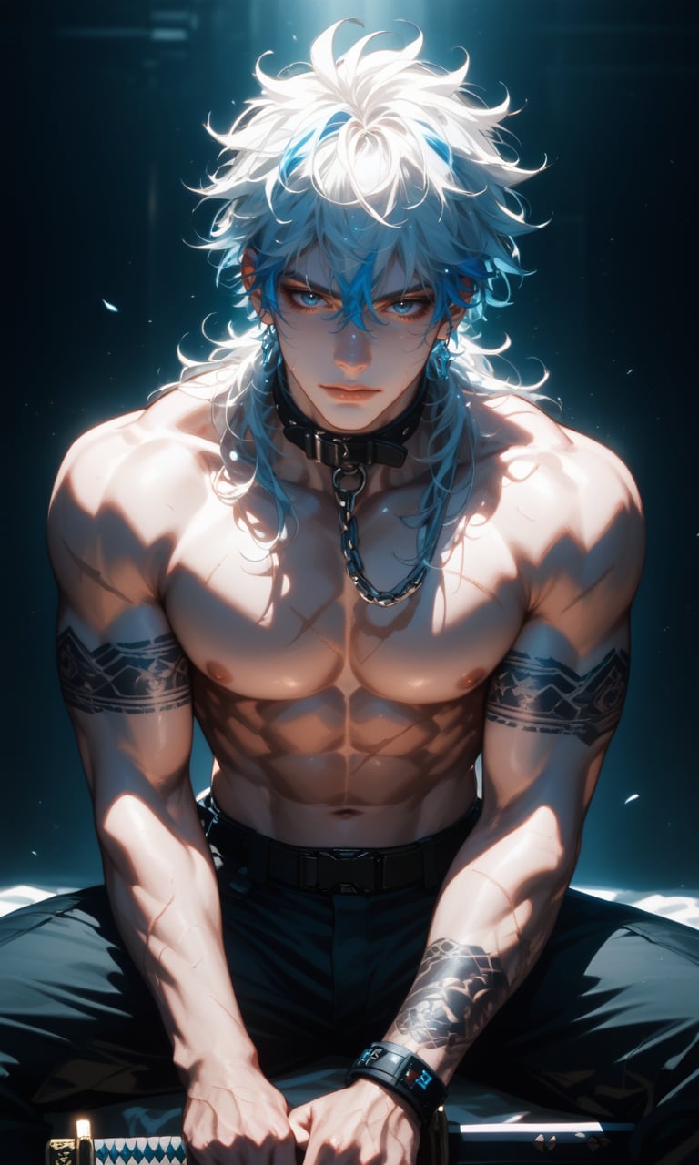 score_9, score_8_up, score_7_up, score_6_up, 1boy, solo, white-haired young man, messy hair, pale skin, muscular build, shirtless with intricate tattoos, wearing black tactical pants, sitting pose, katana strapped to his back, collar with chain around neck, scars on body and face, eerie and melancholic expression, dark and moody atmosphere, dim lighting with blue highlights, subtle warm tones from reflected light, dramatic shading, high contrast, intense gaze, cyberpunk aesthetic, gritty and dystopian vibe, detailed textures, painterly style