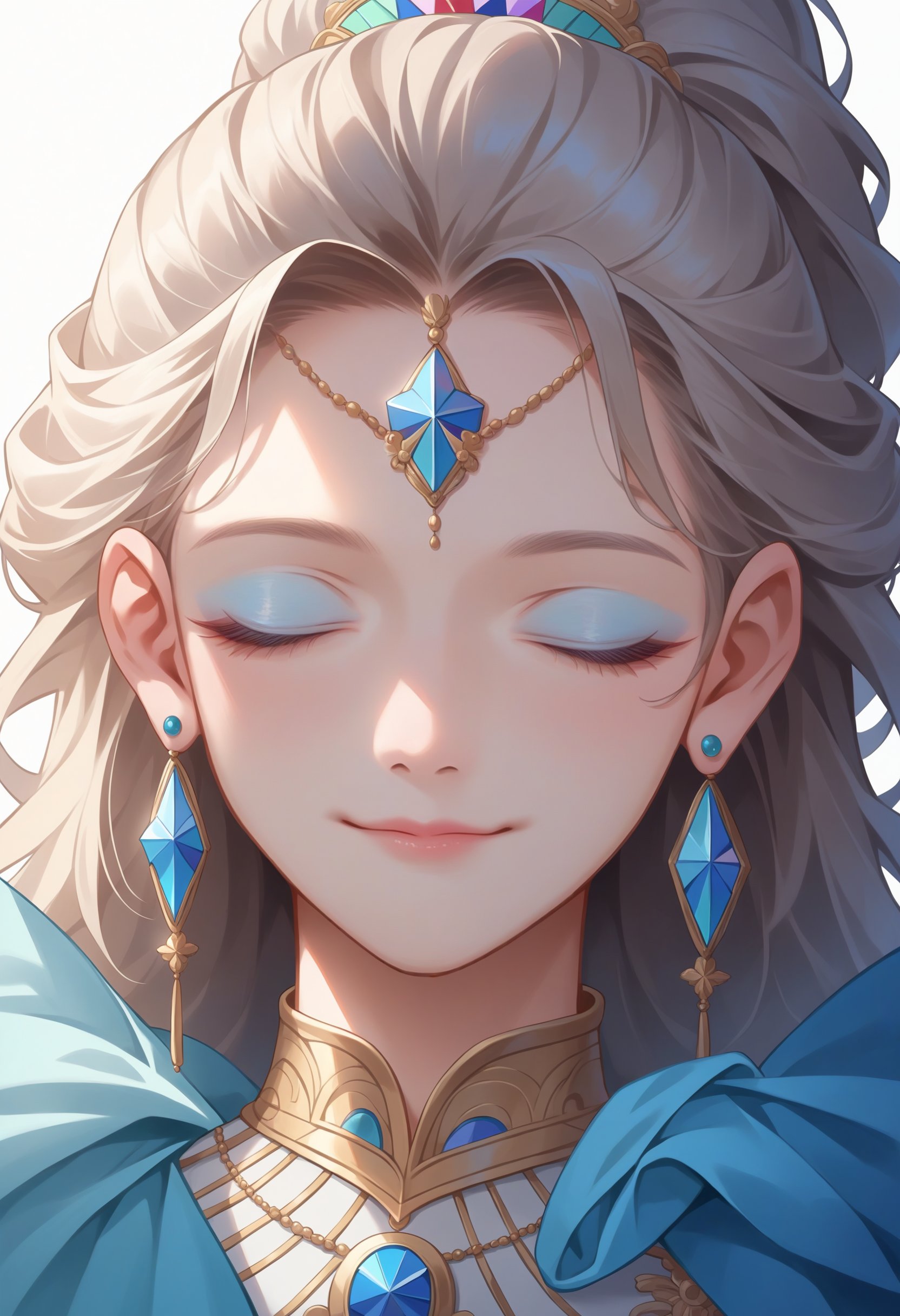 score_9, score_8_up, source_anime, female, full display of baroque style jewelry design, a pair of earrings, [blue gemstones::0.2], [diamonds::0.2], highly detailed vray render, flash, high quality, 18k, eyes closed, mouth closed, blue eyeliner, light smile, three-quarter portrait, white background, 