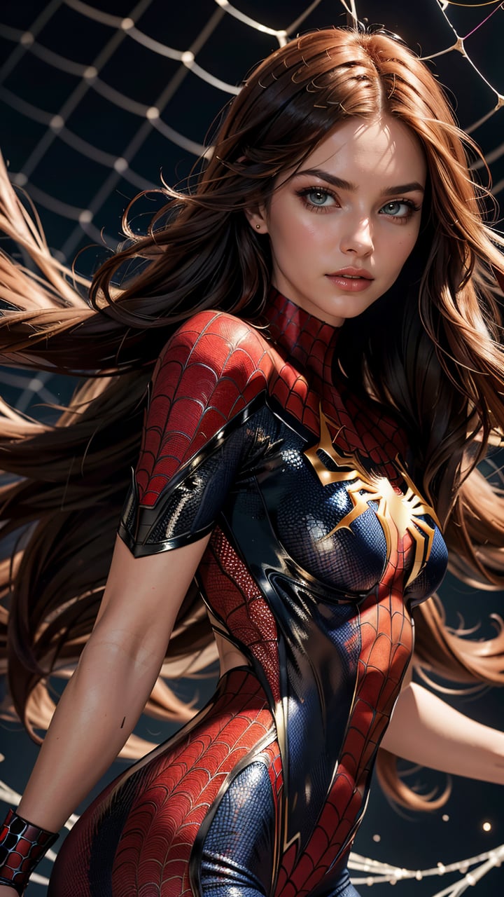 (best quality, masterpiece, colorful, dynamic angle, highest detailed) cowboy shot, fashion photography of cute, intense long red hair, Mary Jane in spiderman suit, (ultrahigh resolution textures), in dynamic pose, bokeh, glowing web, light passing through hair, (abstract background:1.3), (official art)