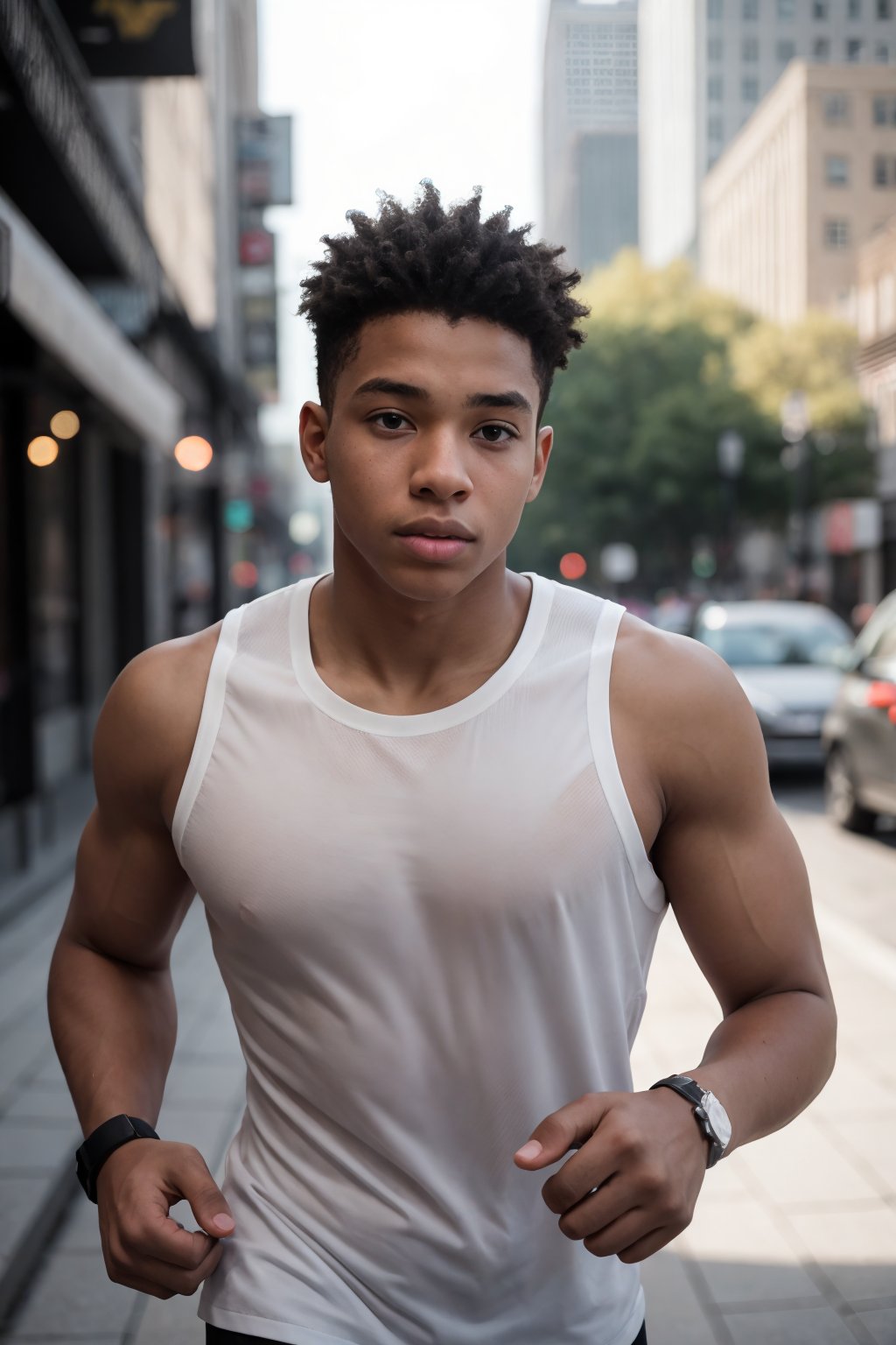 (1boy), 21yo teenage African American male, fit body, big pouty lips, outside jogging in the city, RAW photo, dreamy soft focus, detailed photo, gorgeous, shallow depth of field, bokeh, hyper detailed photorealistic life-like accurate proportional 8k sharp focus, (selective focus:0.6)