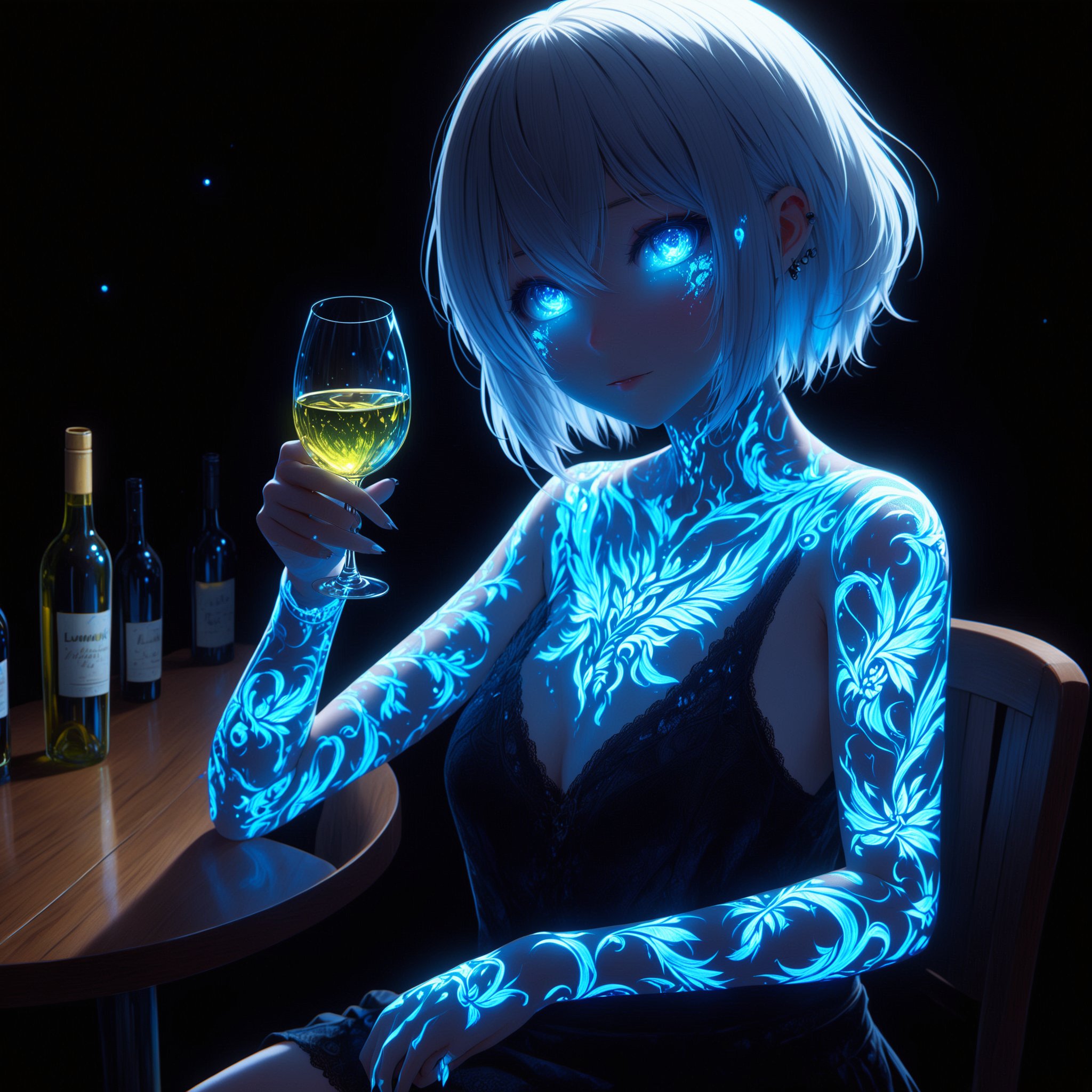 ((Masterpiece)), 1girl, short white hair, sitting at a bar, holding wine glass, ((luminous:1.2)), <lora:g1owingtatt003d-000012:1>