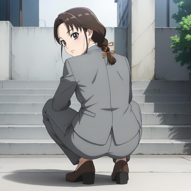 <lora:ISep4_TamakiMitamuraXLpony001>,looking at viewer,solo,TamakiMitamura,1girl,brown hair,braided ponytail,hair ribbon,brown eyes,mole under eye,business_suit,gray jacket,gray pants,outdoors,full body,squatting,looking back,