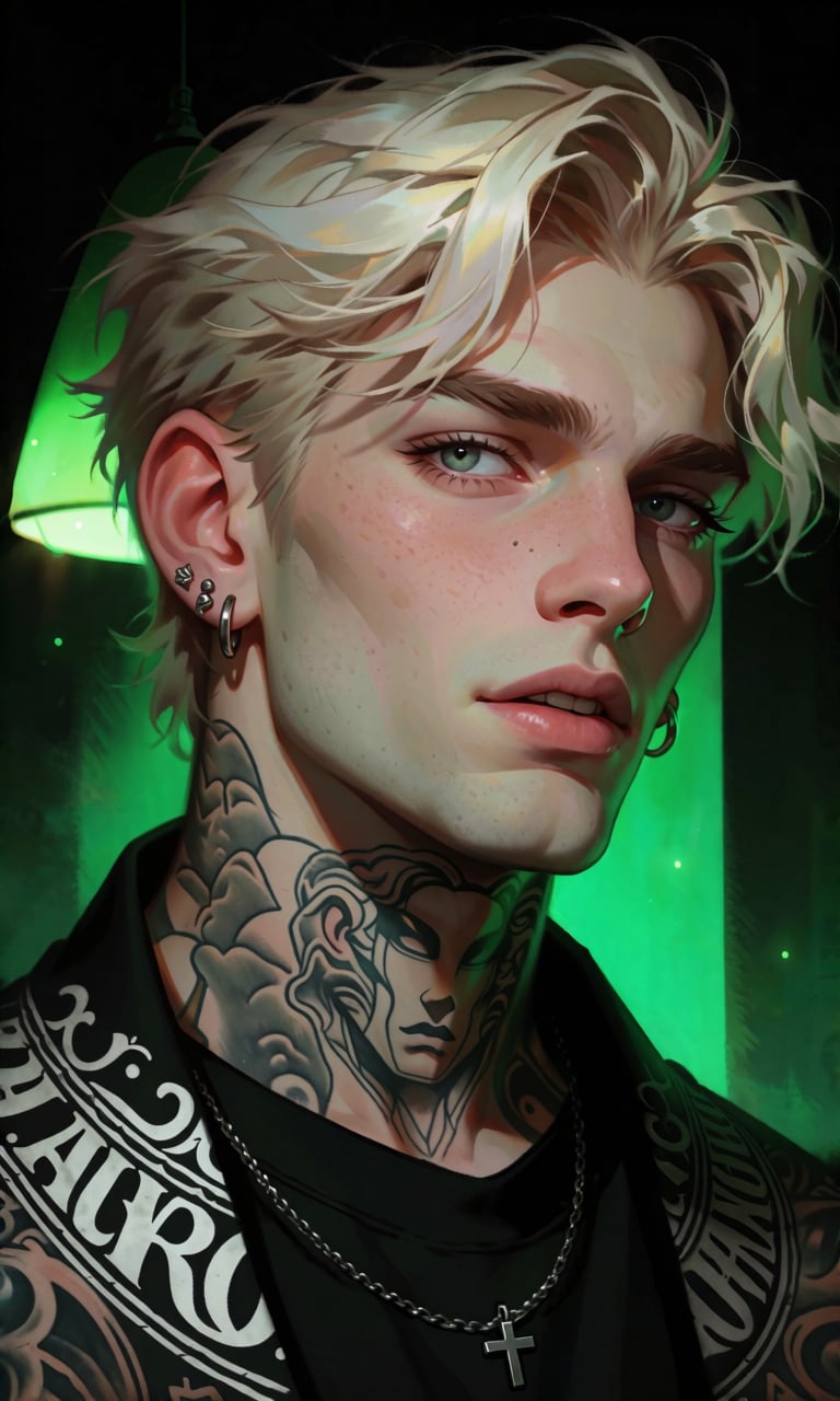 A high-definition photographic portrait of a young man with a slight head tilt and a serene facial expression. The medium...