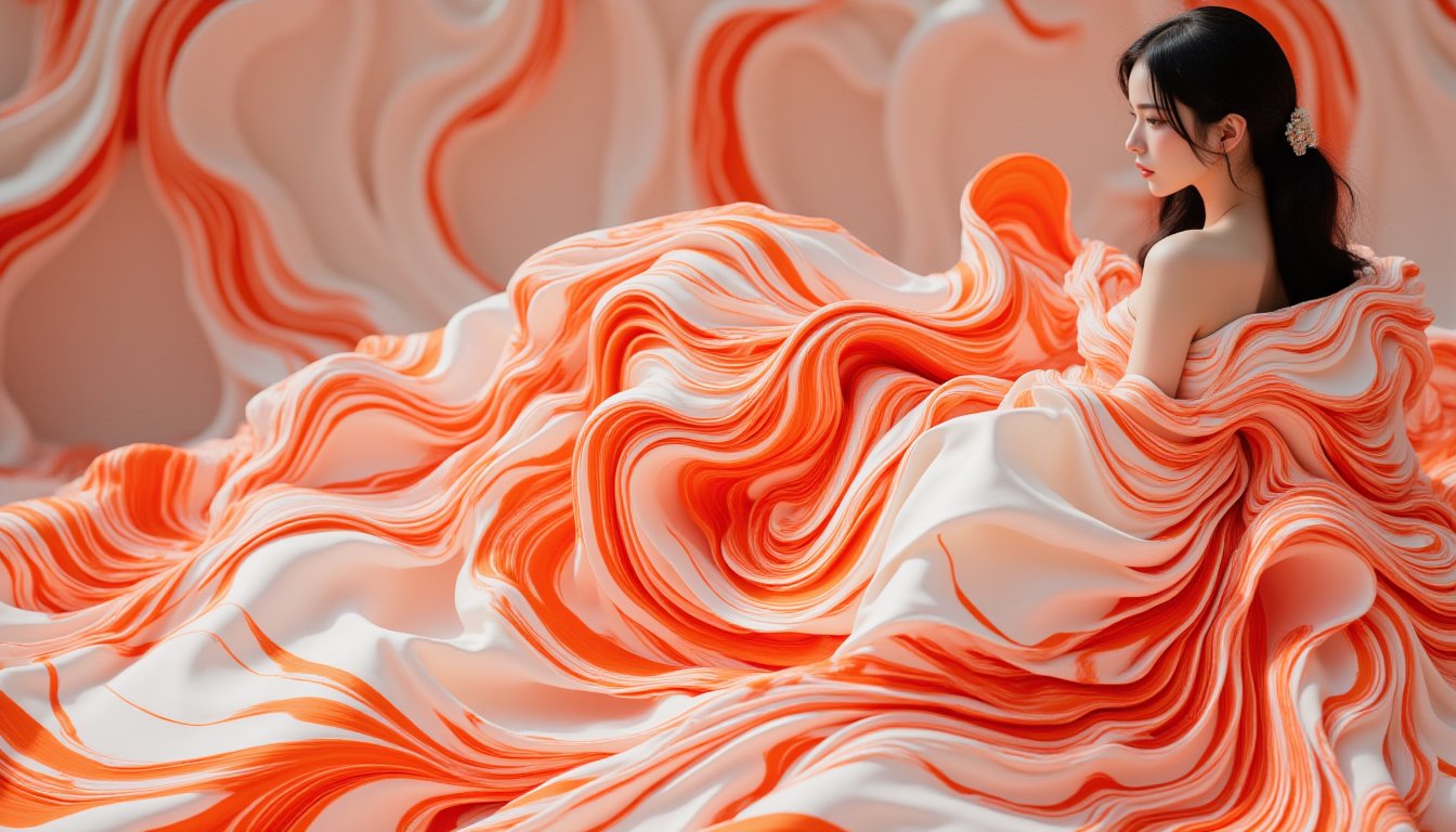 <lora:FL-bailing-24-0913ethereal flow10p:0.9>,bailing_ethereal_flow,ethereal harmony,the marbled dress blends in with the background,realistic,halter_dress,orange,