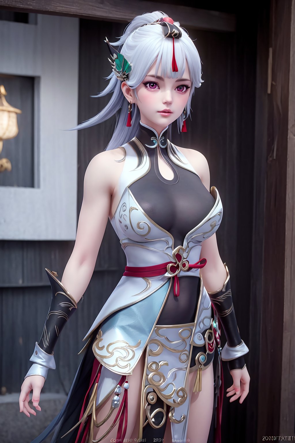 (8k, RAW photo, best quality, masterpiece:1.2),(realistic, photorealistic:1.3), ultra-detailed, extremely detailed cg 8k wallpaper,(crystalstexture skin:1.2), extremely delicate and beautiful,1girl, solo, armor, hair ornament, facial mark, bangs, white hair,  jewelry, bare shoulders, earrings,photo_\(medium\), (breasts, medium_breasts, cleavage), looking_at_viewer,  standing, 