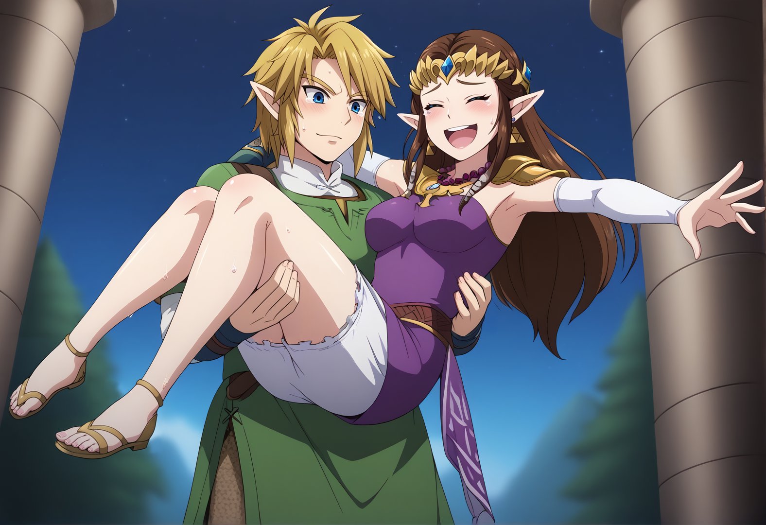 score_9, score_8_up, score_7_up, TPLinkV4XL, outdoors, night, sky, night sky, castle, princess carry1boy, <lora:TPLinkV4XL:1>, link, blush, princess carry, green tunic, blonde hair, sweat drop, blue eyes, hetero, couple, gown belt1girl, princess zelda, (holding:1.3), tears, happy, smile, pointy ears, brown hair, purple dress, closed eyes, elbow gloves, boots, tiara, jewelry, earrings