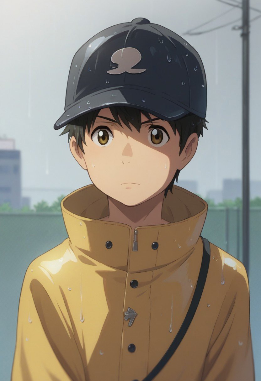 score_9, score_8_up, source_anime, highly detailed, hodaka, 1boy, male focus, black hair, solo, brown eyes, hat, baseball cap, black raincoat, upper body,outdoor, tokyo, rain,