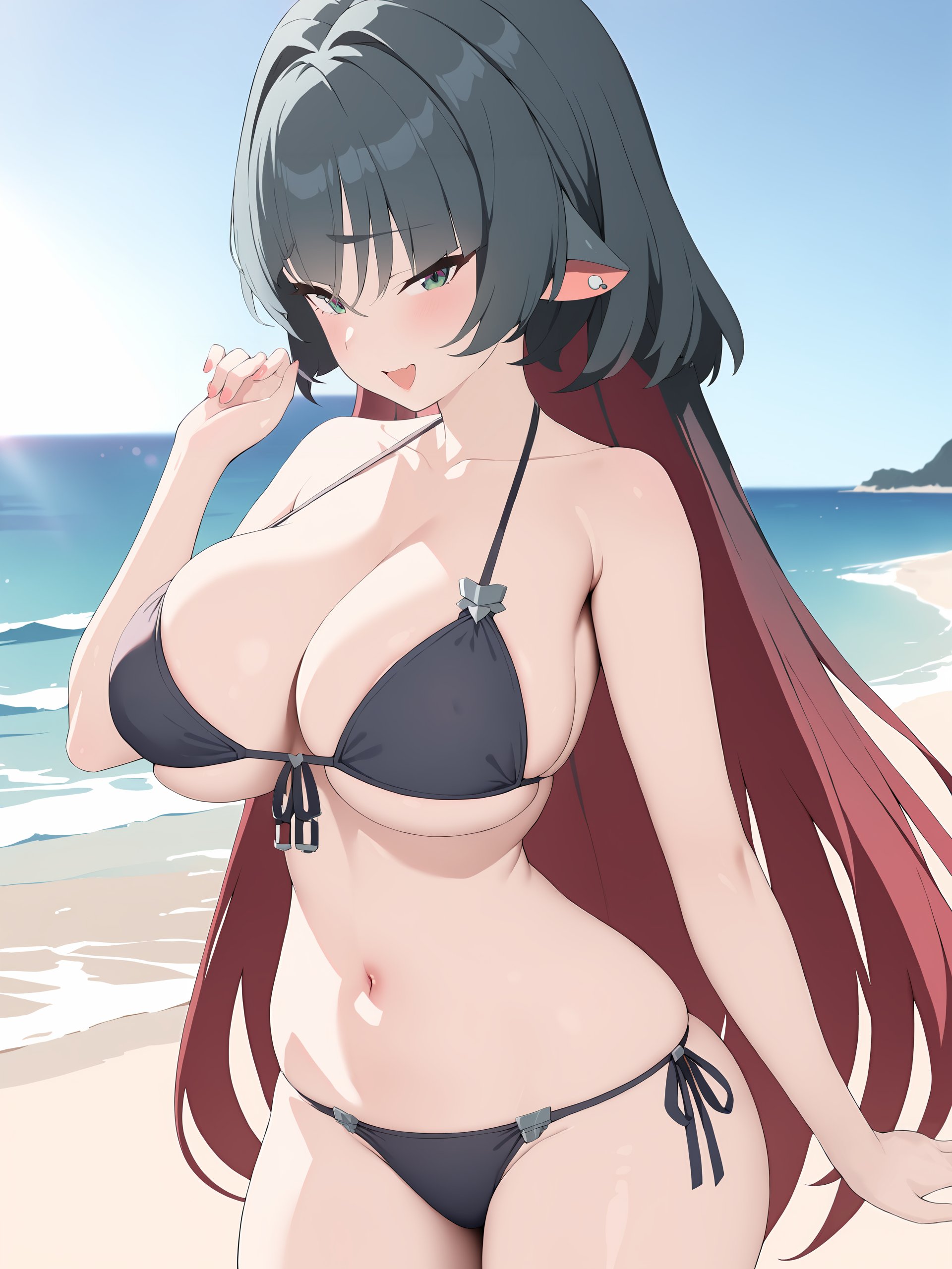 1girl, jane doe \(zenless zone zero\), long hair, solo, bikini, large breasts, skindentation, outdoors, beach, depth of field, cowboy shot, smug, looking at viewer, open mouth <lora:Char-ZZZ-JaneDoe-V1-XL:1> <lora:XL-tool-extremely_detailed:1> solo, extremely detailed, masterpiece, best quality, perfect features, intricate details, ray tracing, very aesthetic