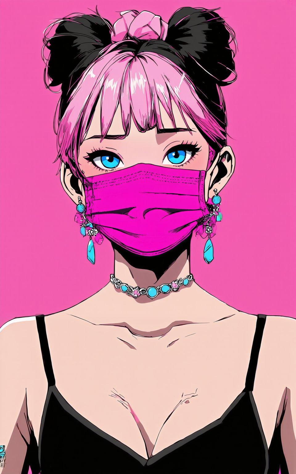 anime style, 1girl,looking at viewer,bangs,blue eyes,simple background,black hair,bare shoulders,jewelry,blue hair,collarbone,pink hair,multicolored hair,earrings,sleeveless,blunt bangs,hair bun,two-tone hair,double bun,tattoo,makeup,mask,piercing,pink background,ear piercing,portrait,eyeshadow,mouth mask