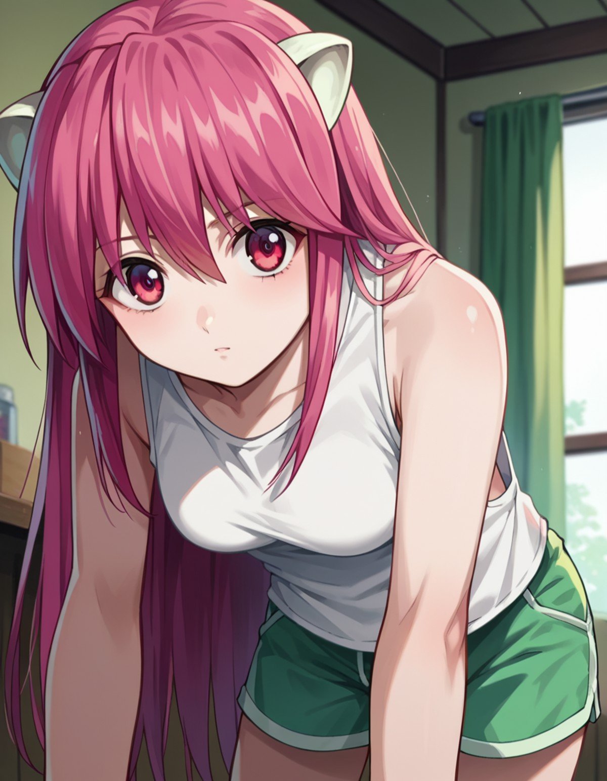 score_9, score_8_up, score_7_up, source_anime,elfenliedlucy, <lora:elfen-lied-lucy-ponyxl-lora-nochekaiser:1>lucy, long hair, pink hair, horns, pink eyes,shorts, tank top, green shorts, white tank top,indoors, bent over,looking at viewer, dutch angle, cowboy shot,