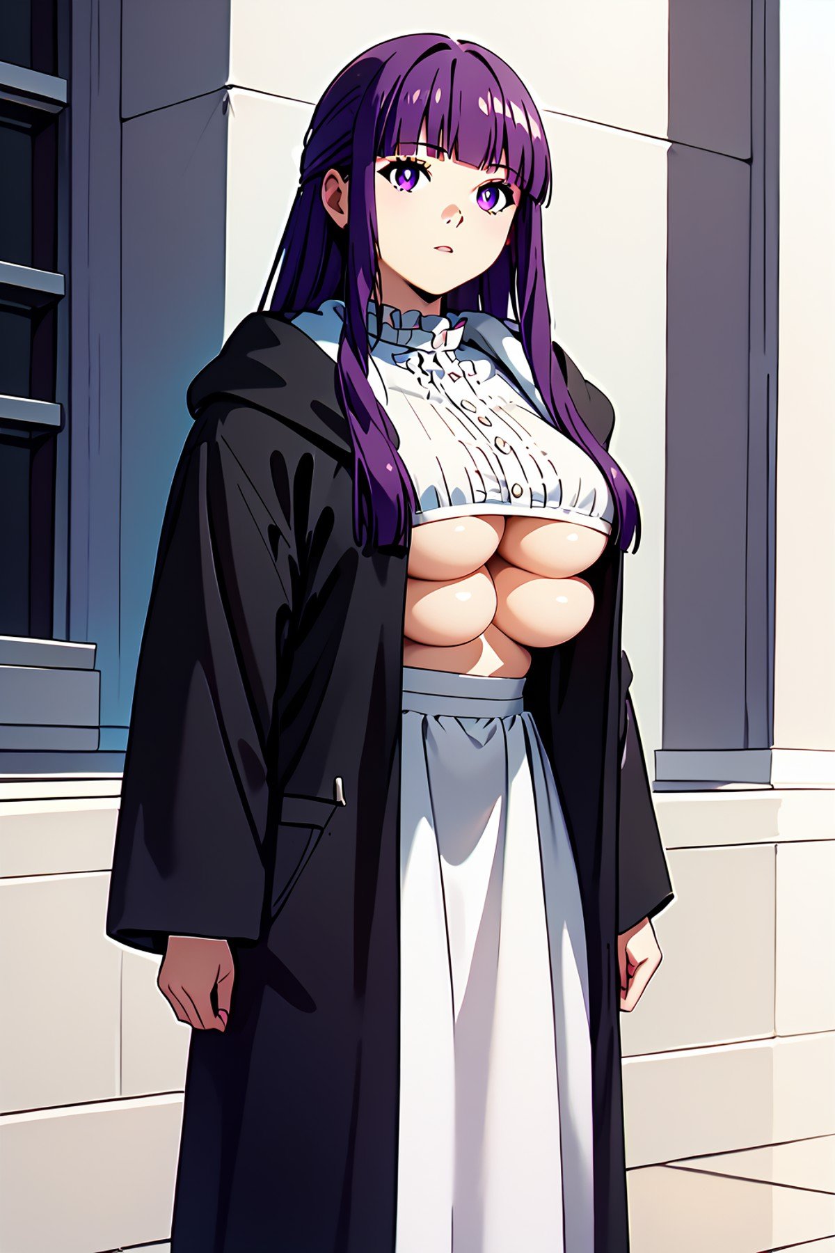 FernCasual, white dress, black robe, open clothes, hood, frilled collar <lora:HerrscherAGGA2024_Yukiko_Senzaki_4BREASTS-CONCEPT_PONY_V1:0.8>YSMB_Concept, Concept, multiple_breasts, 4_breasts, multiple_tits, 4_tits <lora:SousouNoFrieren_FernXL:0.8> FernSSnF,purple hair, long hair, purple eyes, bright pupils, blunt bangs,large breasts,underboob, Score_9, Score_8_up, Score_7_up, Score_6_up, Score_5_up, Score_4_up, BREAK,1girl in full growth, best quality, masterpiece, ultra-detailed, high quality,good quality,1 girl,(master piece,high resolution, ultra detailed,8K,16K),look at viewer