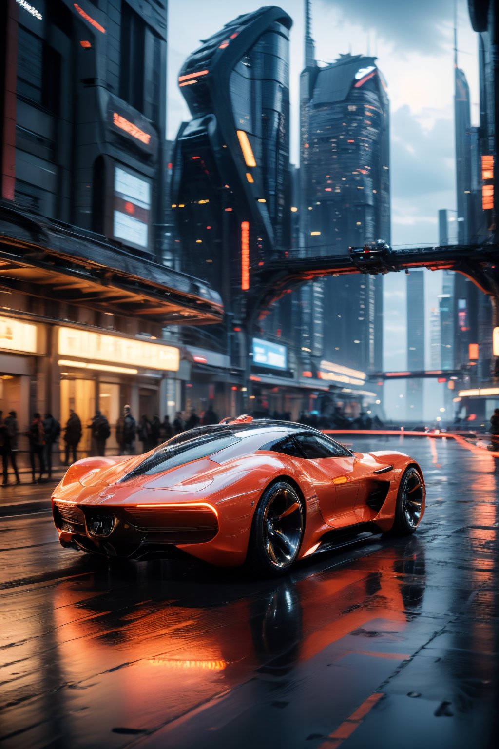 photorealistic, realistic, car, motor vehicle, vehicle focus, no humans, science fiction, aircraft, city, flying, scenery, road, motion blur, building, outdoors, helicopter, sky, cloud, realistic, night, skyscraper, cyberpunk