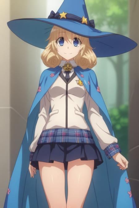 score_9, score_8_up, score_7_up, source_anime, solo, 1girl, looking at viewer, cowboy shot, <lora:HDxDHeroPdxlDwnsty-000004:1>, Le Fay Pendragon, blue eyes, blonde hair, curly hair, medium hair, witch hat, blue headwear, cape, school uniform, white shirt, plaid skirt, smile, small breasts, skindentation,school yard, outdoors, sunlight, tree,