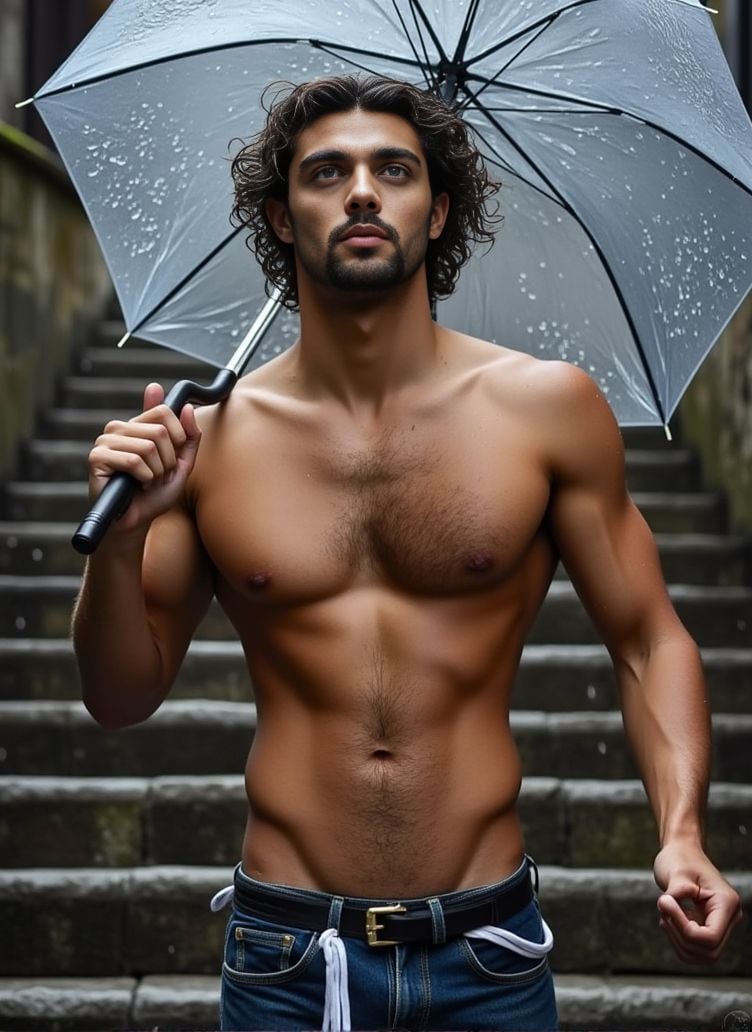 Thomas Ceccon ,  stands on a large stone staircase. the rainwater cascading on the steps. He holds a transparent umbrella...