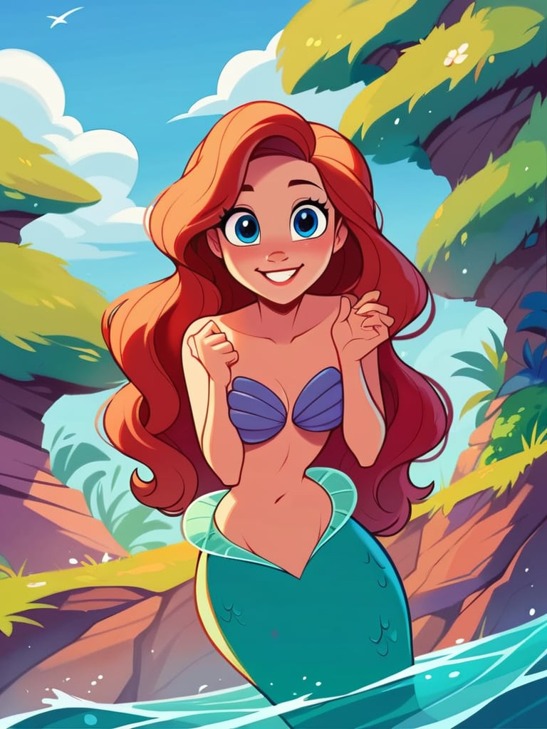 score_9, score_8_up, score_7_up, score_6_up, ArielWaifu swimming on the sea next to a big rock, leaning forward, cute pose, medium breasts, narrow waist, wide hips, thick thighs, smile, blue eyes, shell bikini, red long hair, disney style, looking at viewer, cute, detailed landscape, cowboy shot, cartoon, 4k, masterpiece, mermaid, mermaid tail, monster girl, leaning forward,  <lora:ArielPonyXL_character-08:0.7>  <lora:PAINTED_ANIMATION_ART-STYLEV3:0.7>