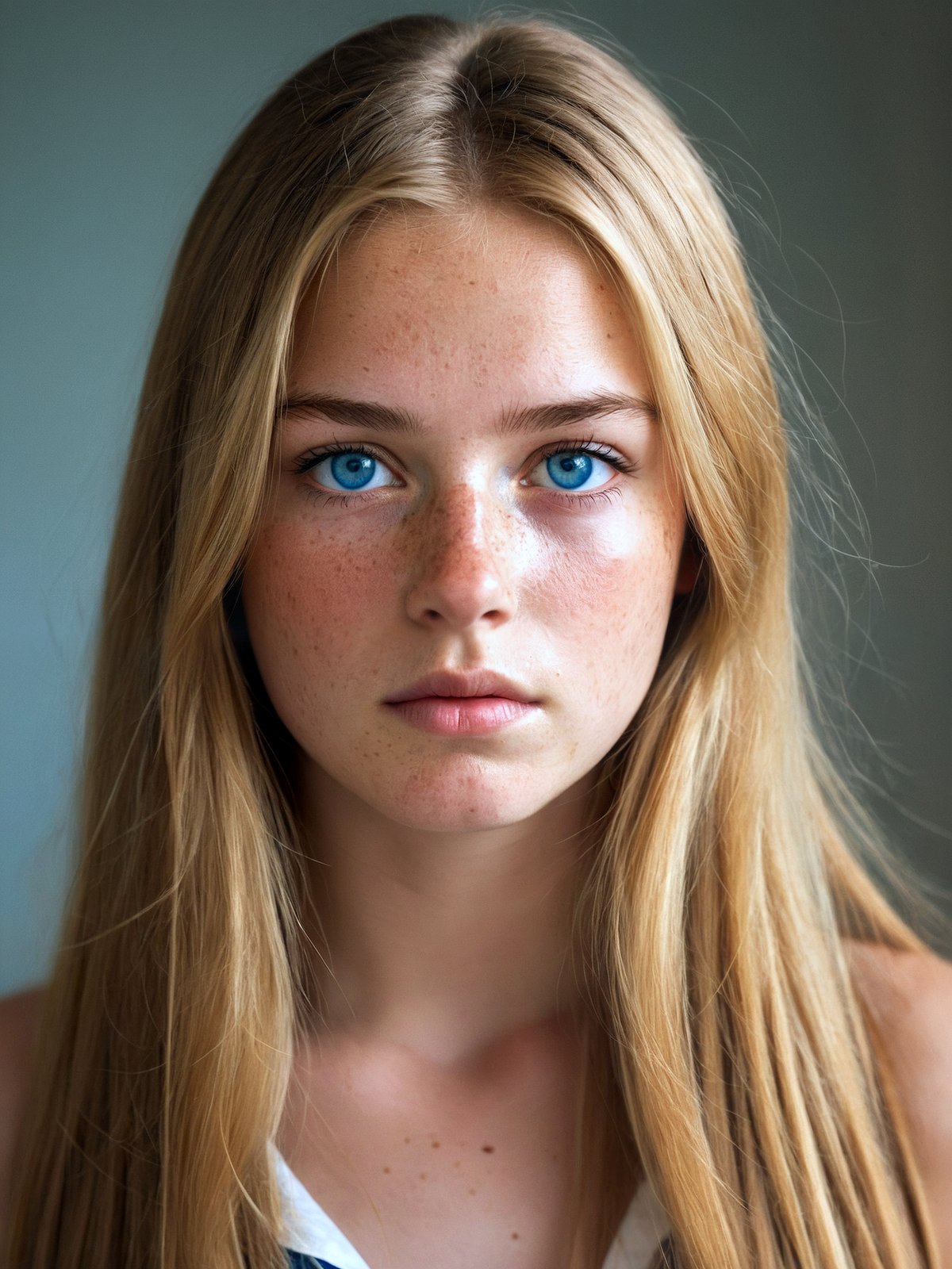 Photo portrait of a 21 y.o. Dutch woman, defiant, pensive, freckles, long dark straight blonde hair, blue eyes