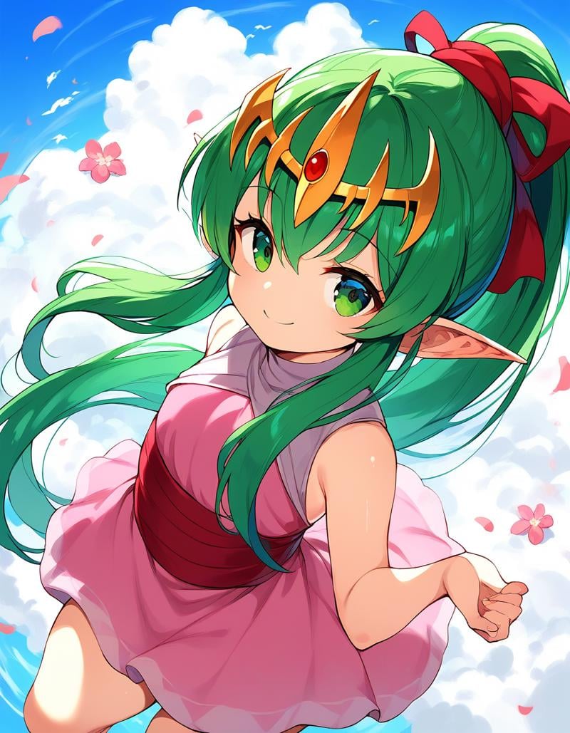 score_9, score_8_up, score_7_up, source_anime, rating_explicit, BREAK  <lora:Tiki_FE_XL:1> Tiki, pointy ears, long hair, green hair, ponytail, tiara, green eyes, flat chest, hair ribbon, very long hair, short stack,outdoors, smile, sky,  dress, short dress, cloud, sleeveless, pink dress, looking at viewer, day, blue sky, sleeveless dress, flower,  thighs, from above,