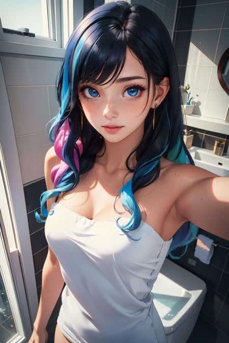 masterpiece, best quality,Ray tracing, hdr, volumetric lighting, sunlight,1girl, blue long hair, curly hair, earrings, freckles, colored eyes, multicolor eyes,  at bathroom, towel, <lora:Selfie_FefaAIart:0.75>, selfie,