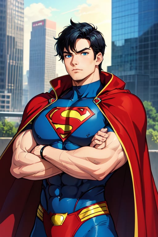 1boy,superman,abs,bara,black hair,blue bodysuit,blue eyes,bodysuit,cape,closed mouth,crossed arms,large pectorals,male focus,muscular,muscular male,pectoral lift,pectorals,red cape,short hair,outdoors,skyscrapers,solo,superhero,upper body,((masterpiece)),