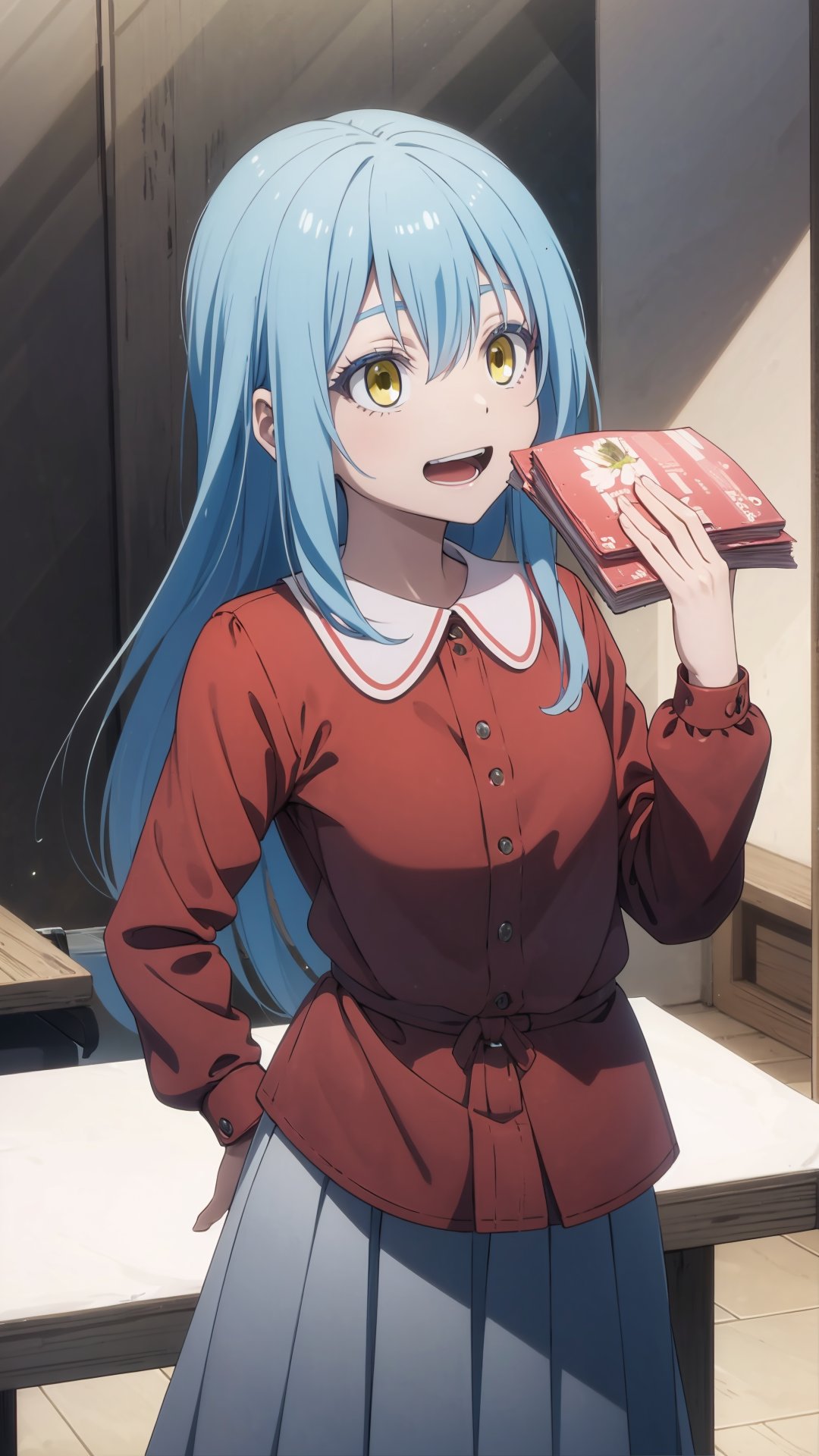 (masterpiece, best quality), ray tracing, absurdres, HDR,rimuru clothes, long hair, blue hair, yellow eyes, shirt, open mouth, red shirt, 1other, holding, rimuru tempest, skirt, bangs, pink shirt, smile, solo, hair between eyes, grey skirt, long sleeves, collared shirt, holding clothes, androgynous <lora:rimuru_clothes01:0.7>