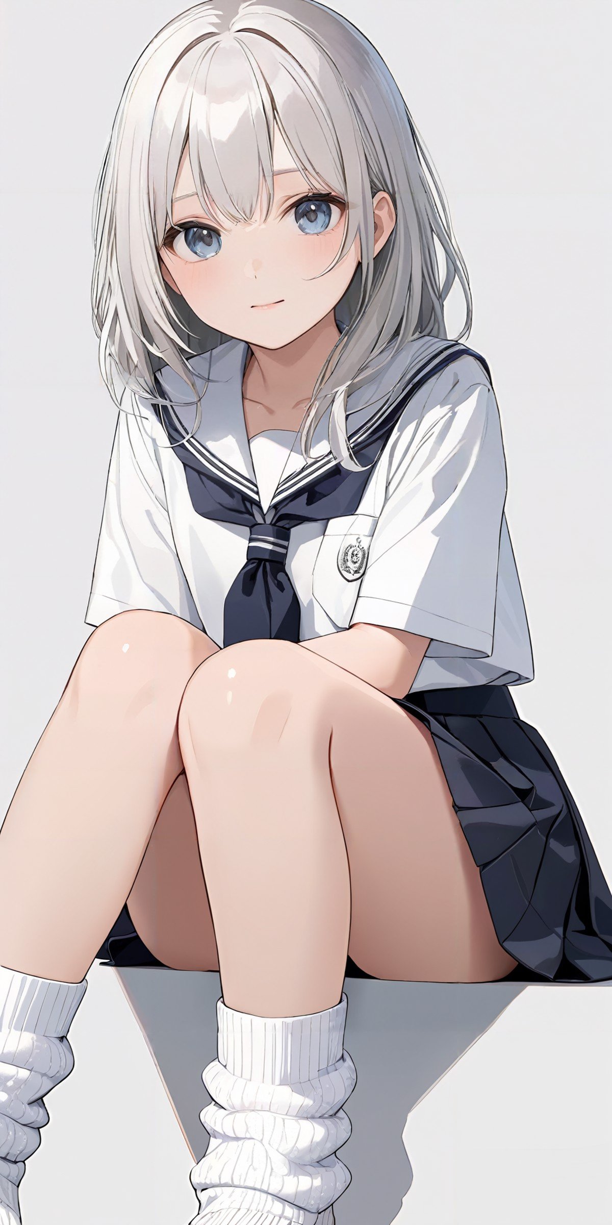 masterpiece,ultra-detailed,best quality,8K,illustration,cute face,clean skin ,shiny hair,girl,ultra-detailed-eyes,simple background, <lora:add-detail-xl:1> <lora:loose socks_XL_V1.1:1> jyojifuku, school uniform, loose socks,sitting