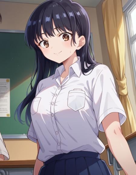 score_9, score_8_up, score_7_up, source_anime, annayamada, <lora:anna-yamada-s2-ponyxl-lora-nochekaiser:1>, anna yamada, long hair, bangs, black hair, brown eyes,skirt, shirt, school uniform, white shirt, pleated skirt, collared shirt, sweatdrop, blue skirt, pocket, shirt tucked in, breast pocket,indoors, classroom, smile,looking at viewer, cowboy shot, dutch angle,