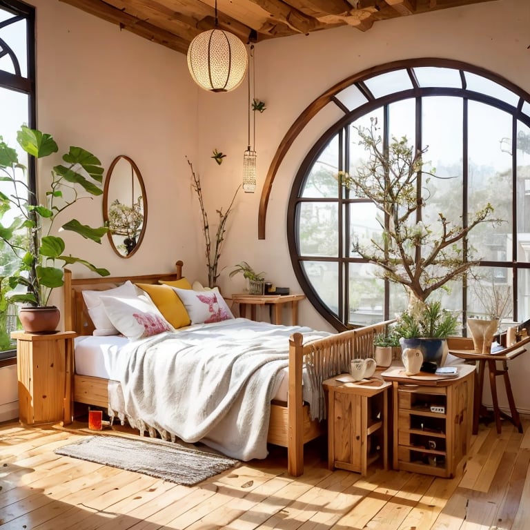 jianzhu, indoors, plant, window, table, cup, pillow, wooden floor, basket, bed, architecture, potted plant, lamp, blanket, tree, lattice, book, lantern, vase, shelf, cushion, chair, wooden table, carpet, bed sheet, plate, rug, bottle, round window, bedroom, sunlight, flower, day, drinking glass, teapot, flower pot, branch<lora:jianzhu-000009:0.8>