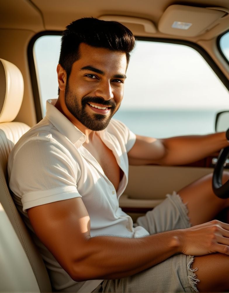 ram charan ,  male focus. shirtless smiling. editorial. empathetic eyes. sitting in the passenger seat of a car. natural d...