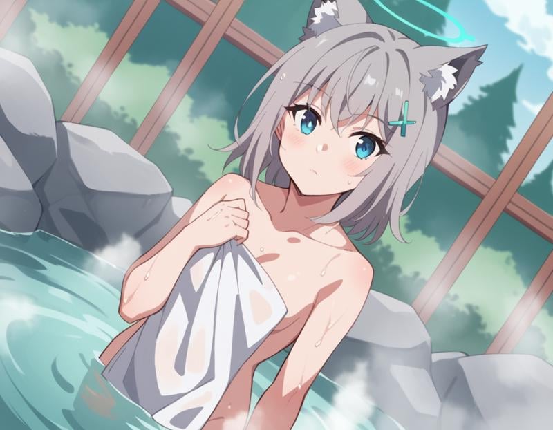 score_9, score_8_up, score_7_up, source_anime, <lora:shiro-sunaookami-s1-ponyxl-lora-nochekaiser:1>, shiroko sunaookami, animal ears, blue eyes, grey hair, hair ornament, hairpin, halo, medium hair, wolf ears,, nude, naked, outdoors, onsen, towel, naked towel, steam, bathing, nude cover, partially submerged, water, bath, steam censor, wet towel, blush, looking at viewer, solo, cowboy shot, dutch angle