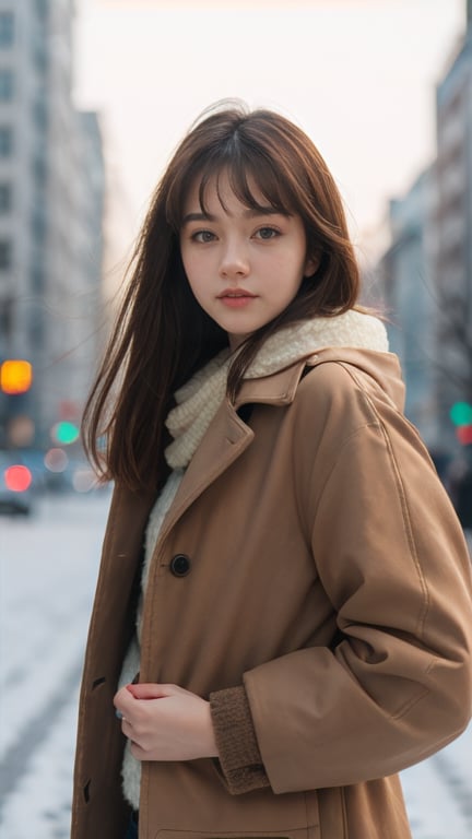 masterpiece, realistic, best quality, beauty girl in city, hloding bag, looking at viewer, winter clothes, cute, solo, brown hair, brown eyes, depth of field, night, realistic, porses,skin detail, acne, detail eyes, (masterpiece,best quality:1.5)